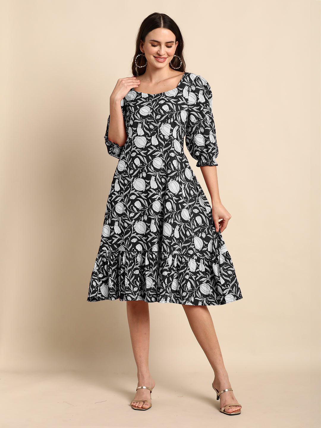 Black Pure Cotton Floral Printed A-line Dress