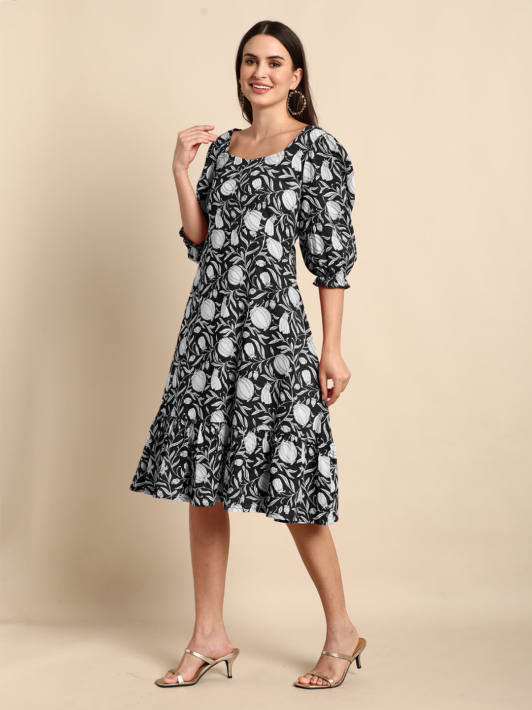 Black Pure Cotton Floral Printed A-line Dress