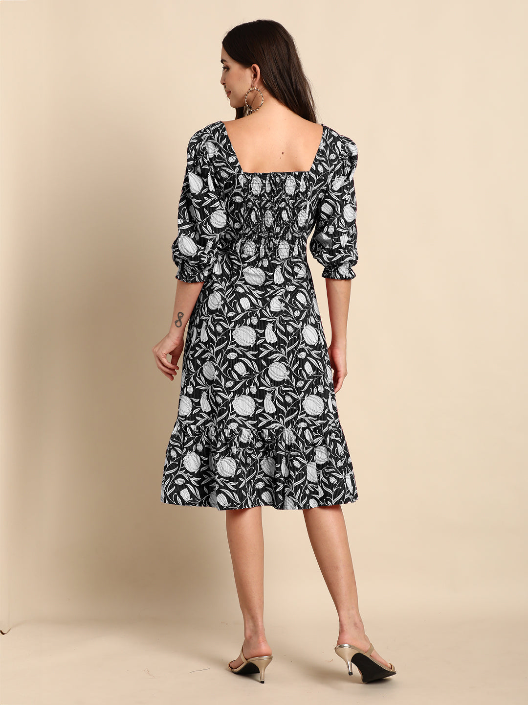 Black Pure Cotton Floral Printed A-line Dress