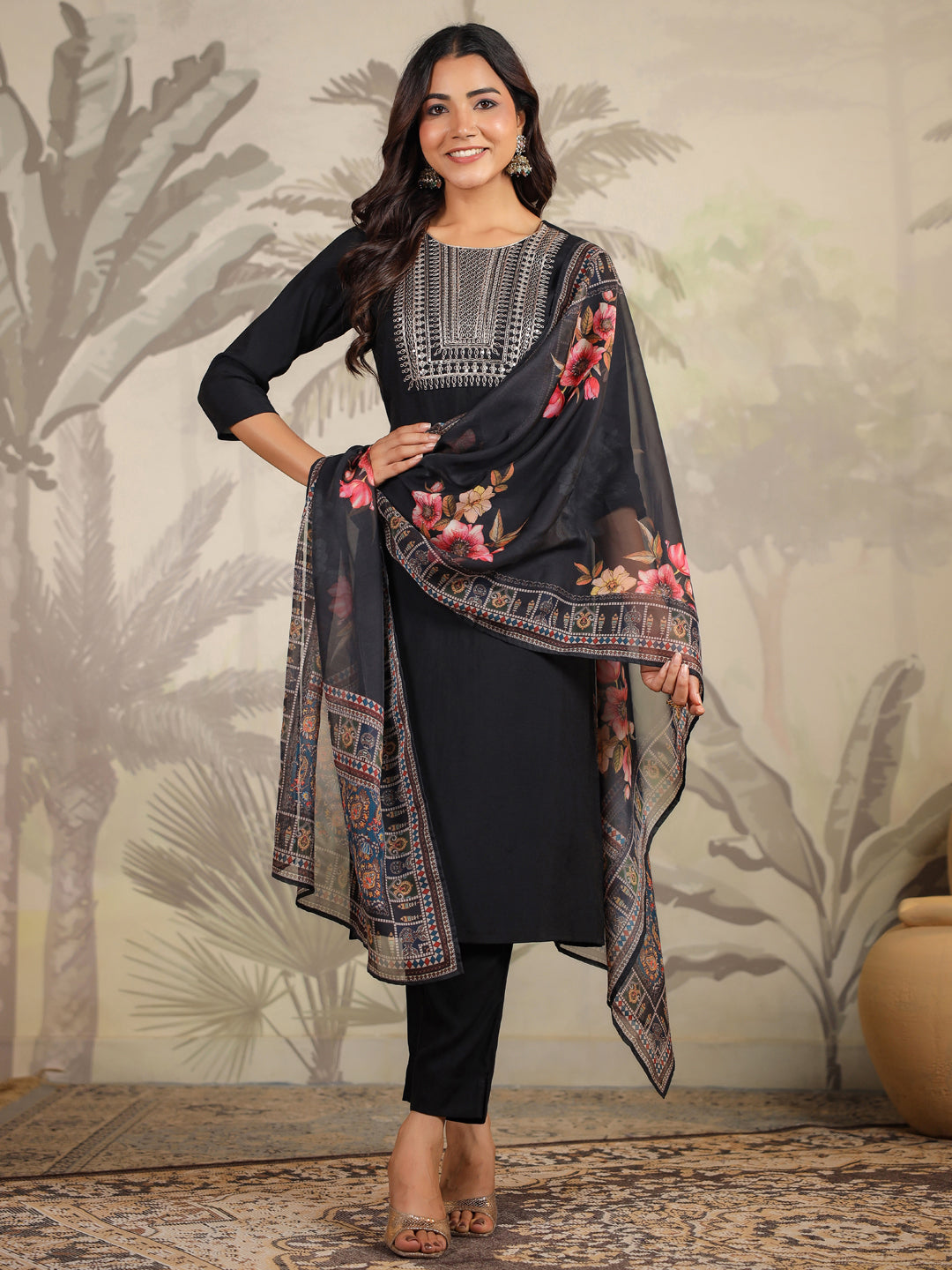 Black Chanderi Silk Yoke Embroidery Straight Kurta With Pant & Dupatta Set