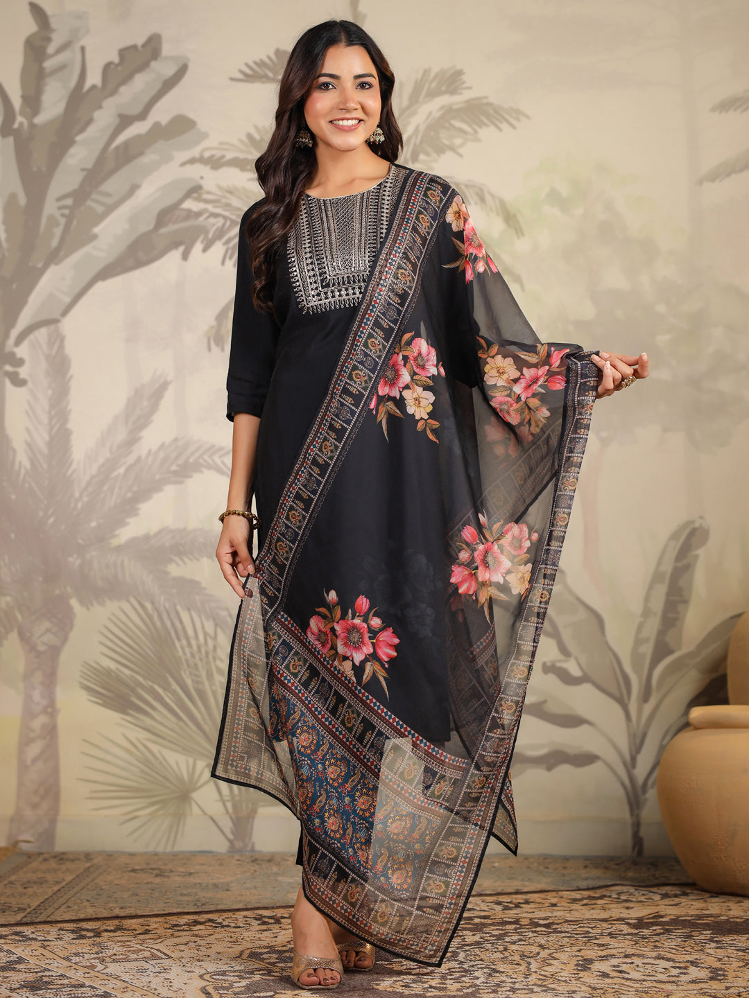 Black Chanderi Silk Yoke Embroidery Straight Kurta With Pant & Dupatta Set