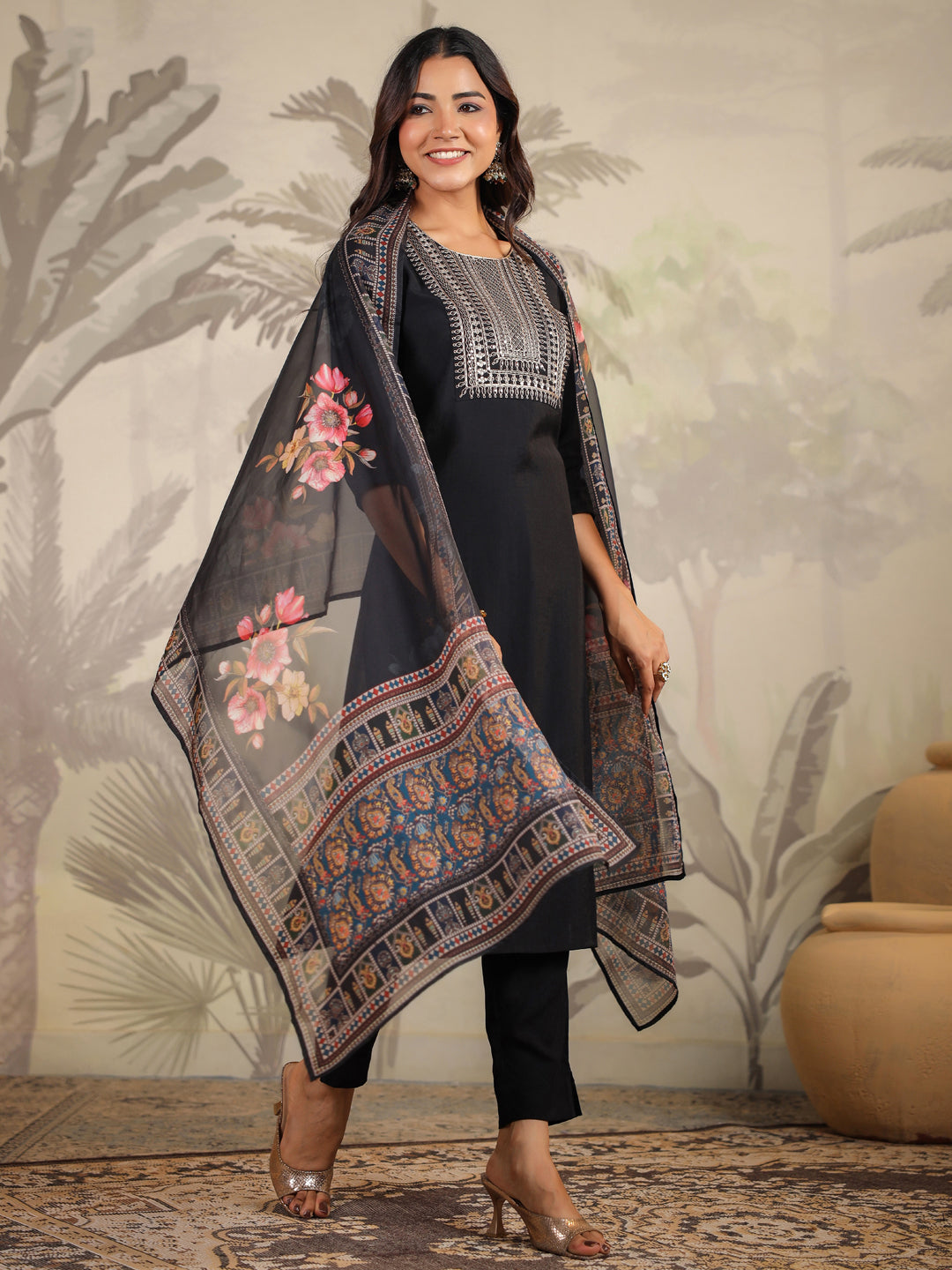 Black Chanderi Silk Yoke Embroidery Straight Kurta With Pant & Dupatta Set