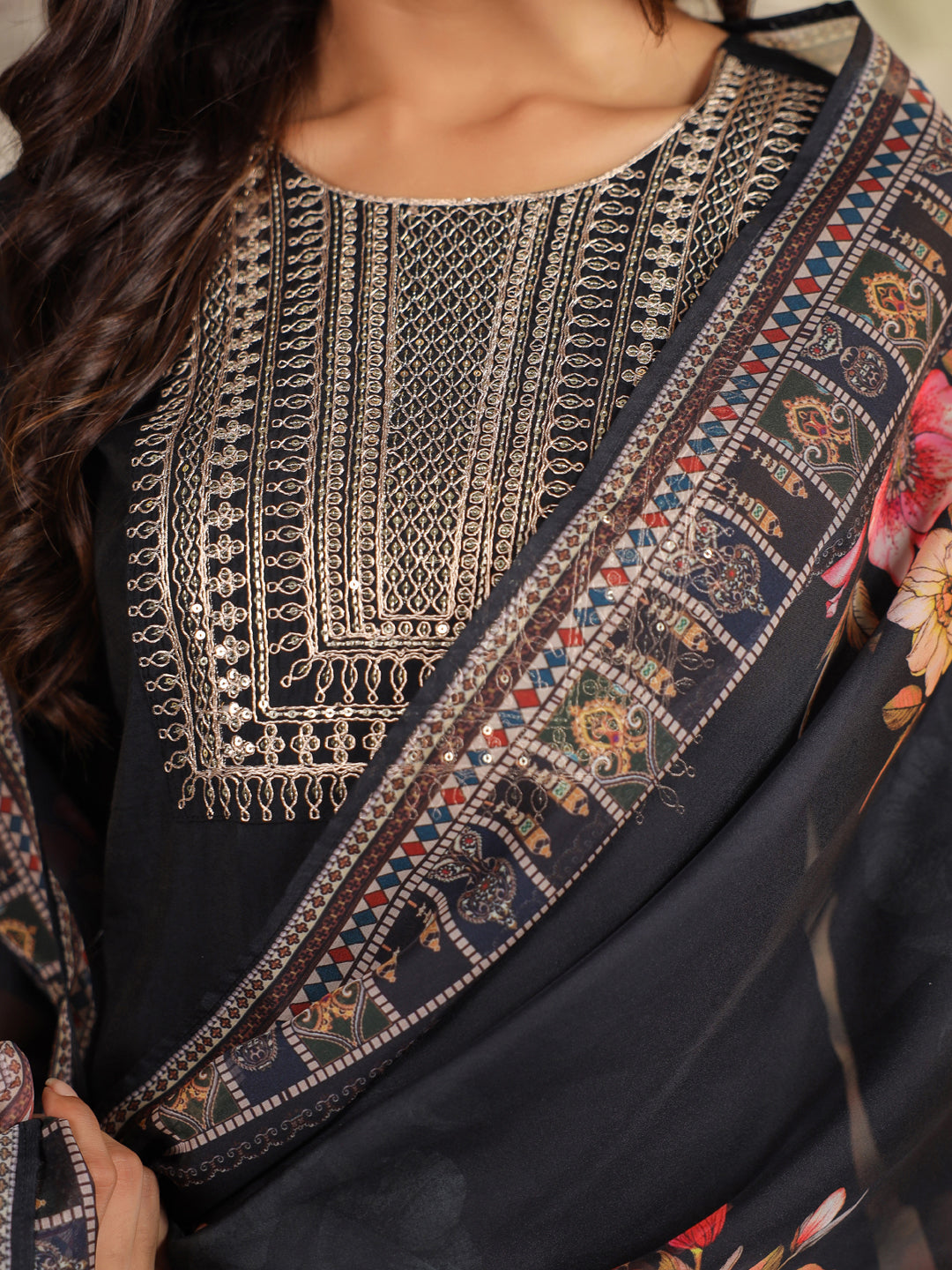 Black Chanderi Silk Yoke Embroidery Straight Kurta With Pant & Dupatta Set