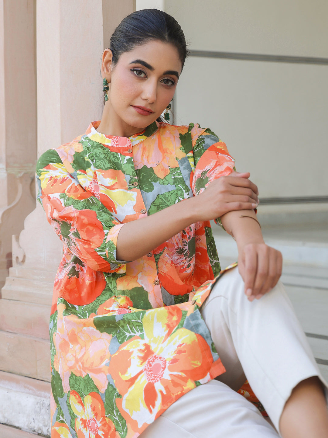 Multicolor Pure Cotton Floral Printed A-line Tunic