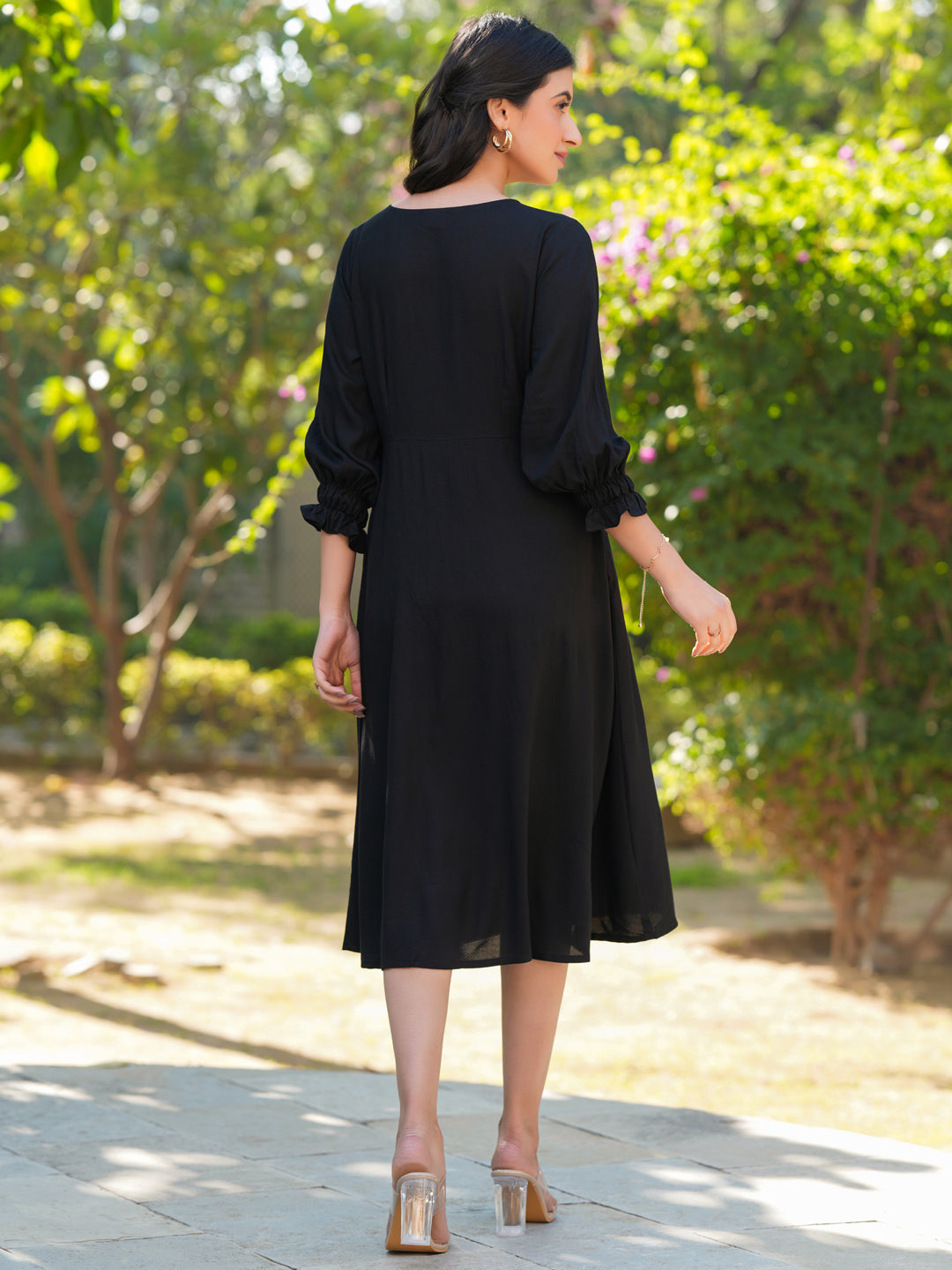 Black Rayon Solid A-line Dress