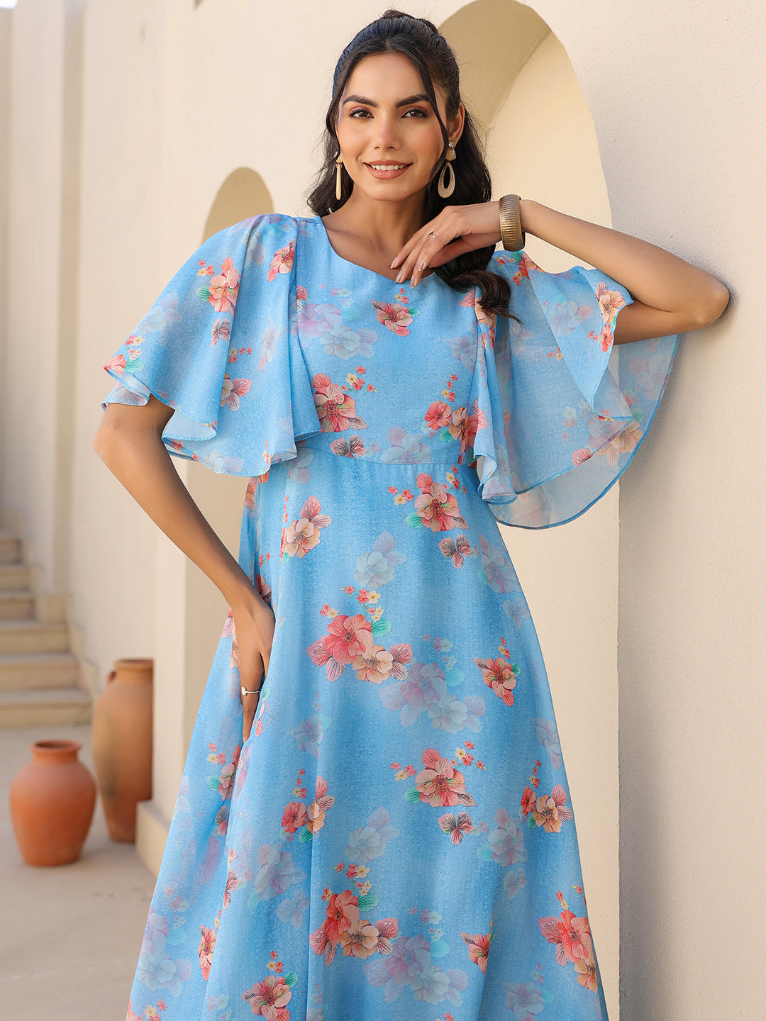 Blue Georgette Floral Printed A-line Dress