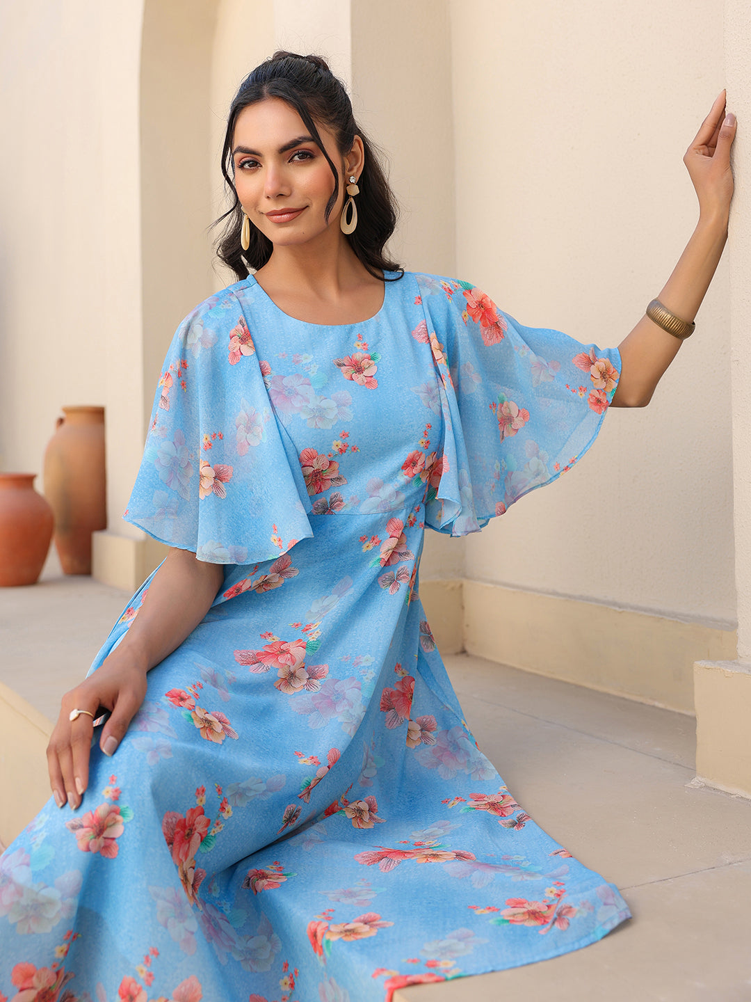 Blue Georgette Floral Printed A-line Dress