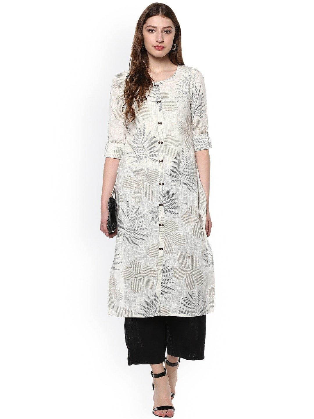 Off White Cotton Foil Print Straight Kurta Silae