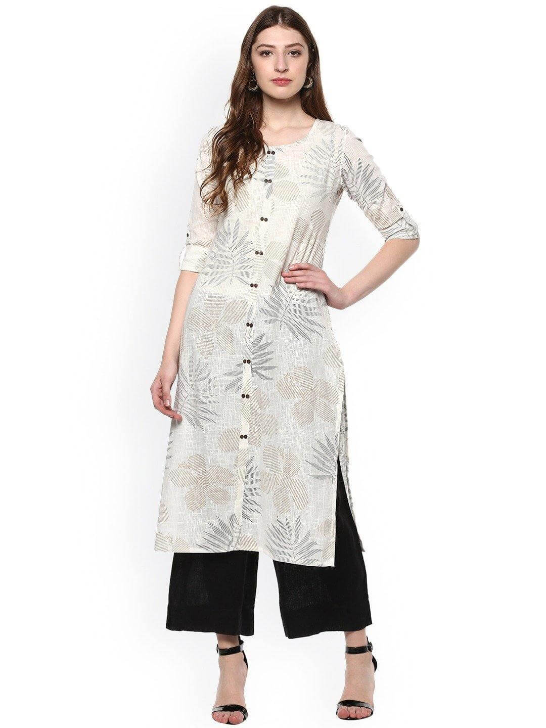 Off White Cotton Foil Print Straight Kurta Silae