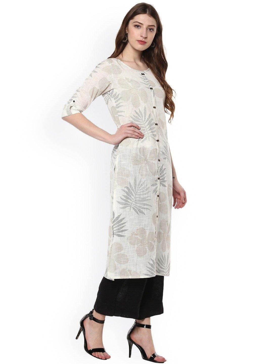 Off White Cotton Foil Print Straight Kurta Silae