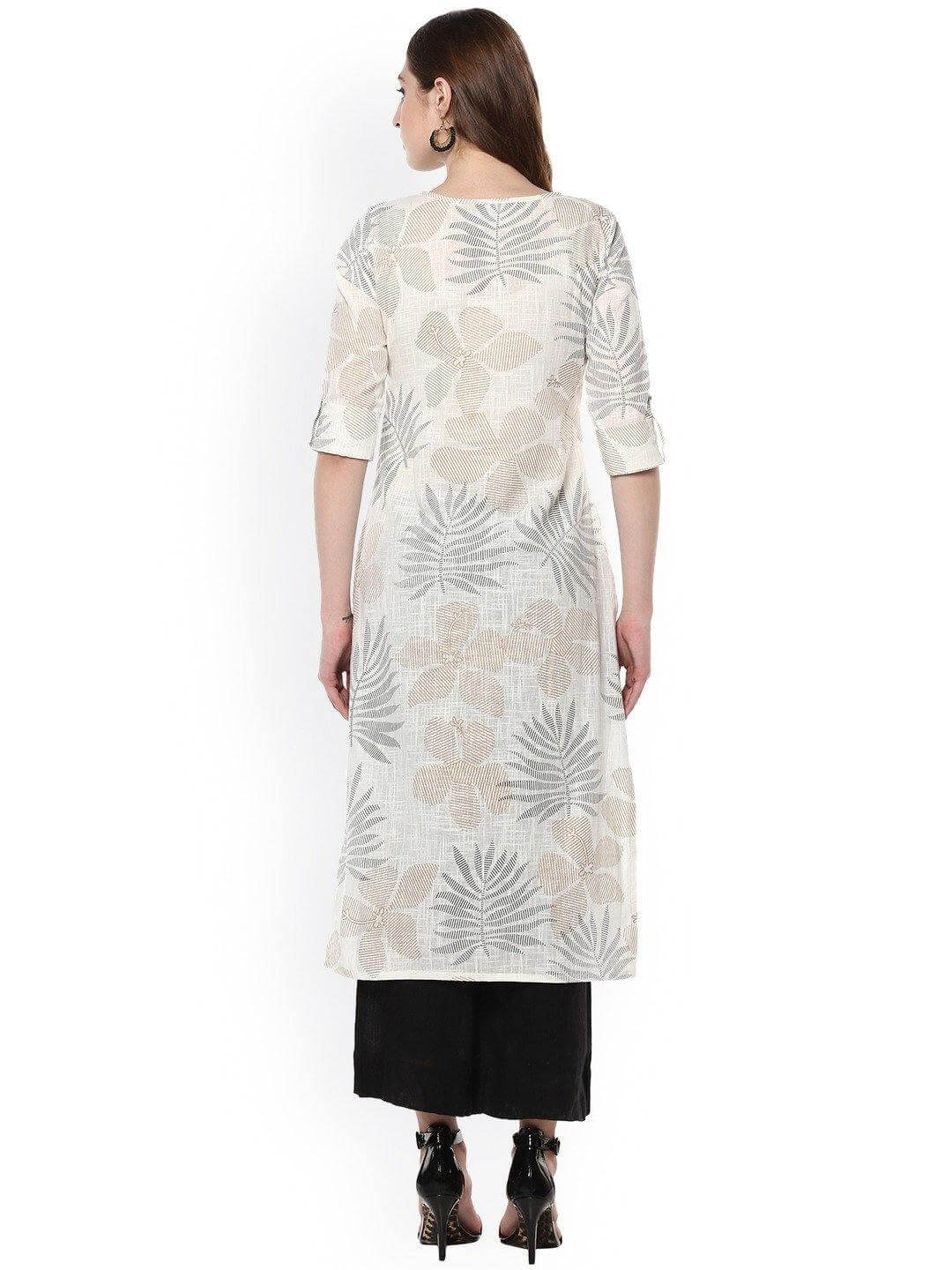 Off White Cotton Foil Print Straight Kurta Silae