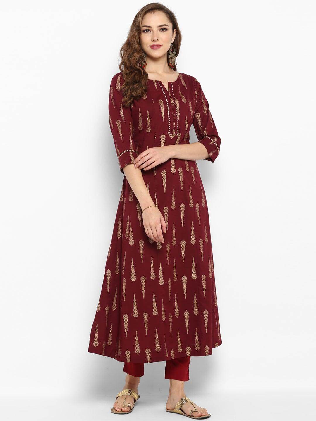Maroon Cotton Foil Print A-Line Kurta