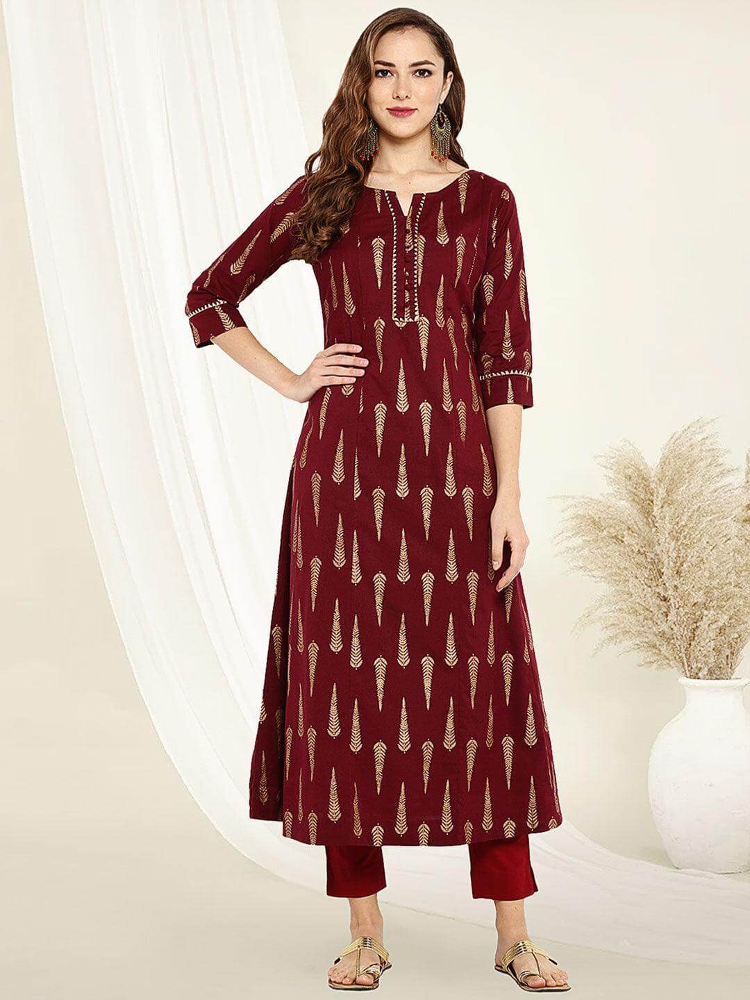 Maroon Cotton Foil Print A-Line Kurta Silae