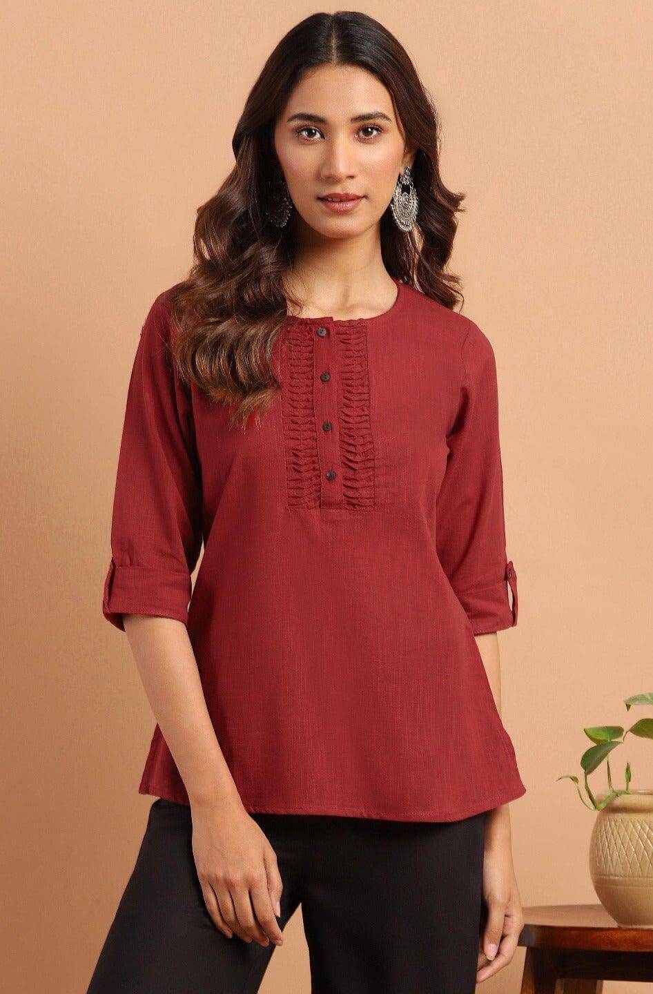 Maroon Cotton Slub Solid Regular Top Silae