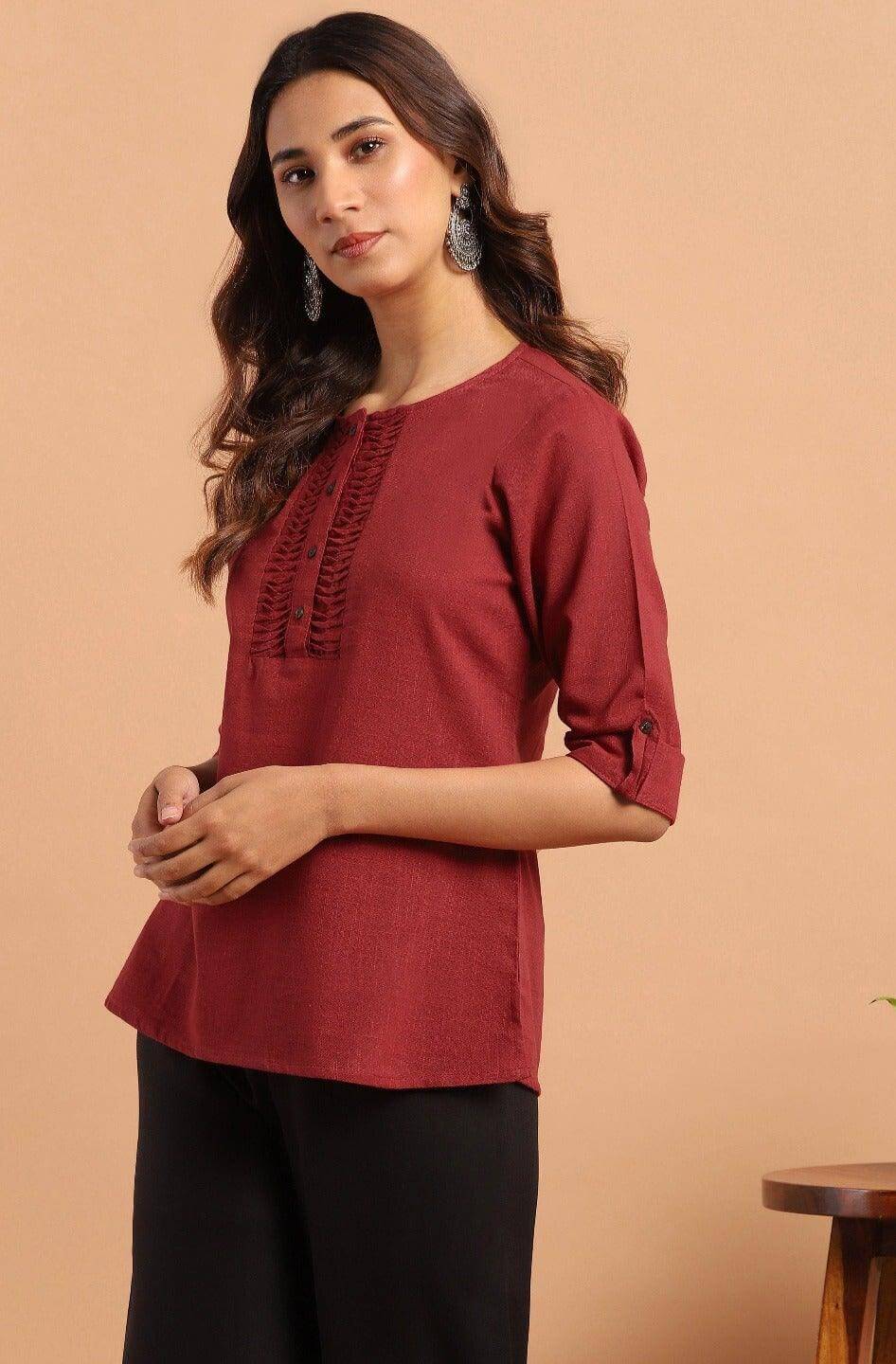 Maroon Cotton Slub Solid Regular Top Silae