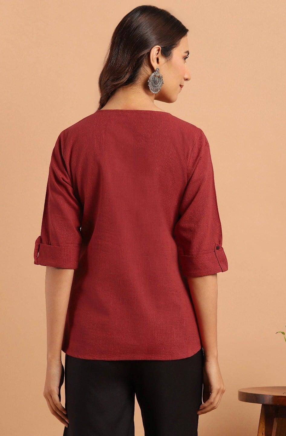 Maroon Cotton Slub Solid Regular Top Silae