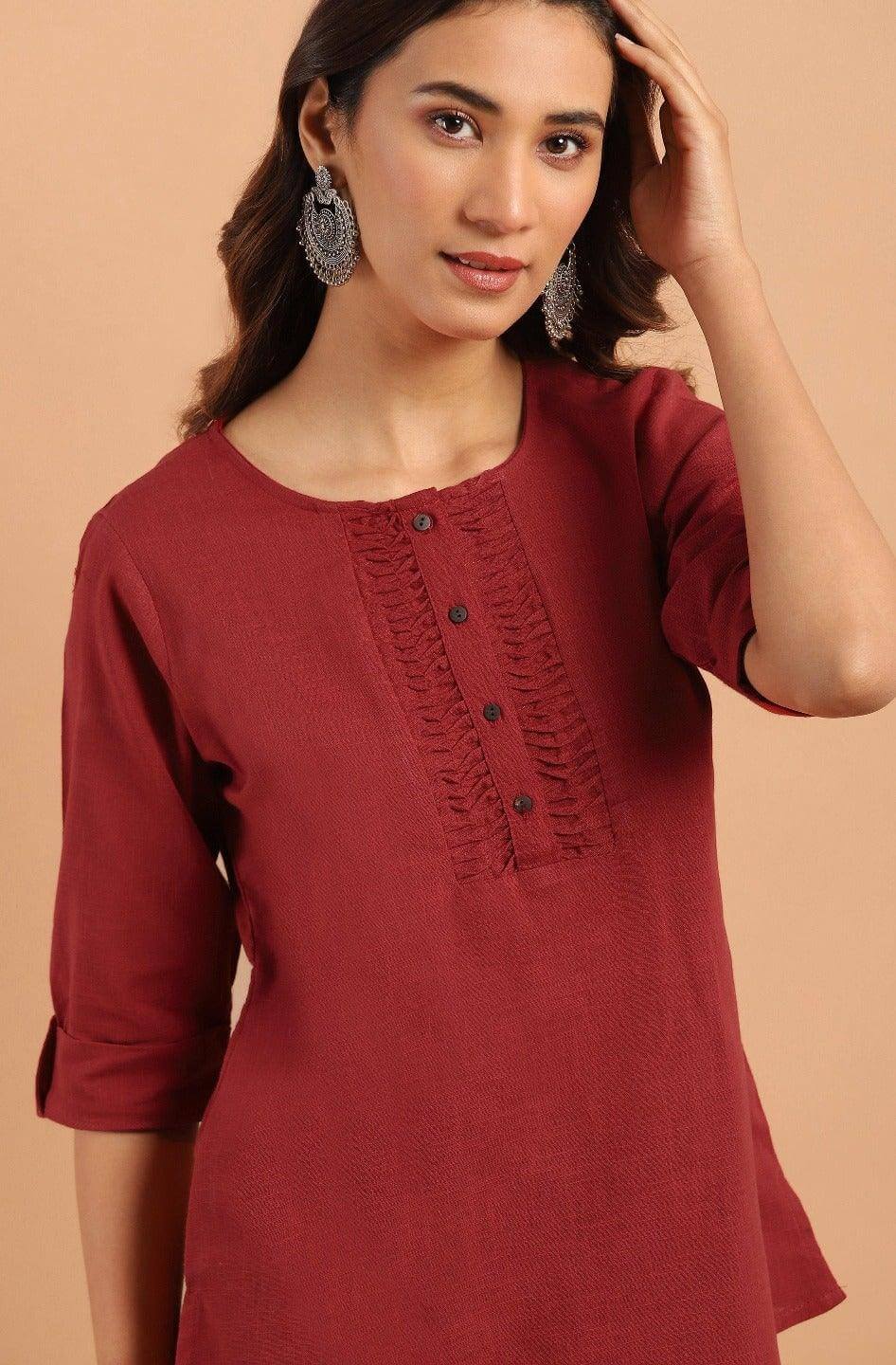 Maroon Cotton Slub Solid Regular Top Silae