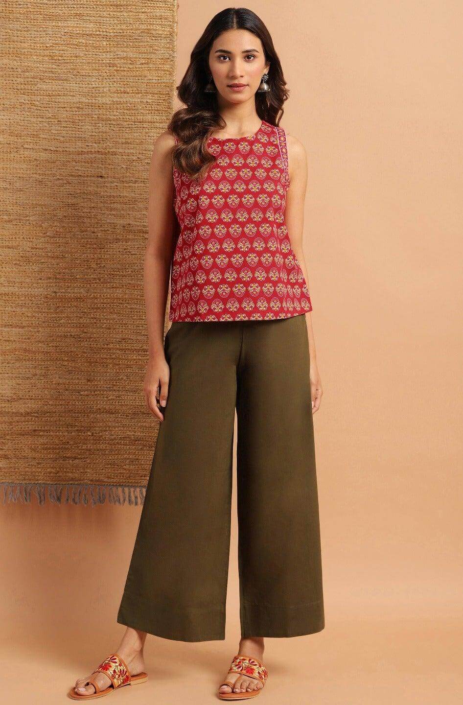 Red Cotton Floral Print Regular Top Silae