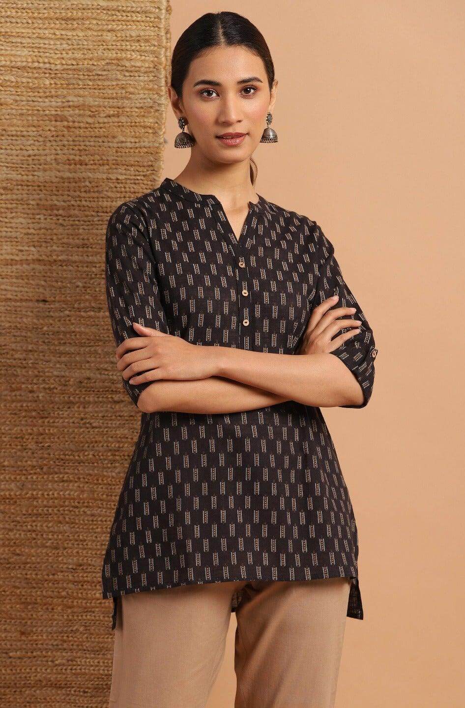 Black Cotton Slub Geometric Print Straight Tunic Silae