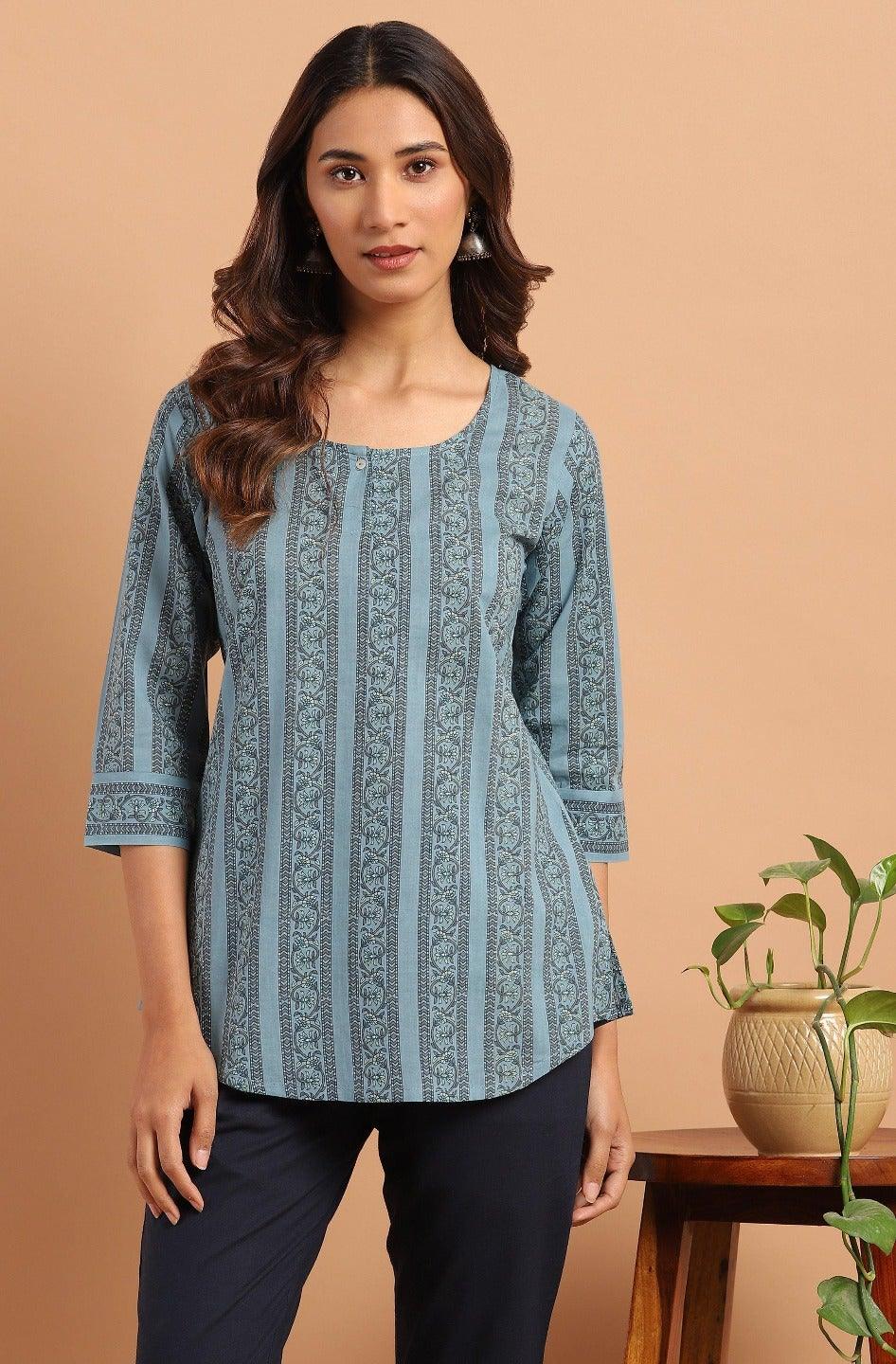 Blue Cotton Floral Print Straight Tunic Silae