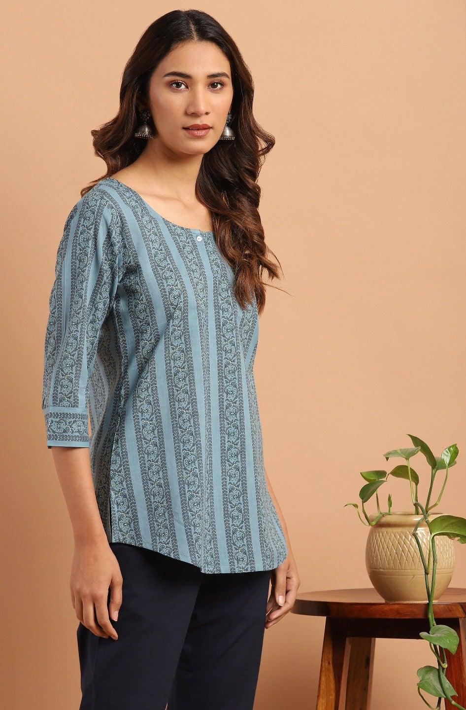 Blue Cotton Floral Print Straight Tunic Silae
