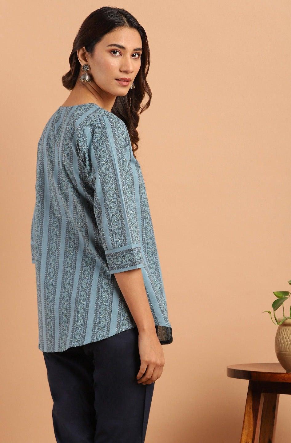 Blue Cotton Floral Print Straight Tunic Silae