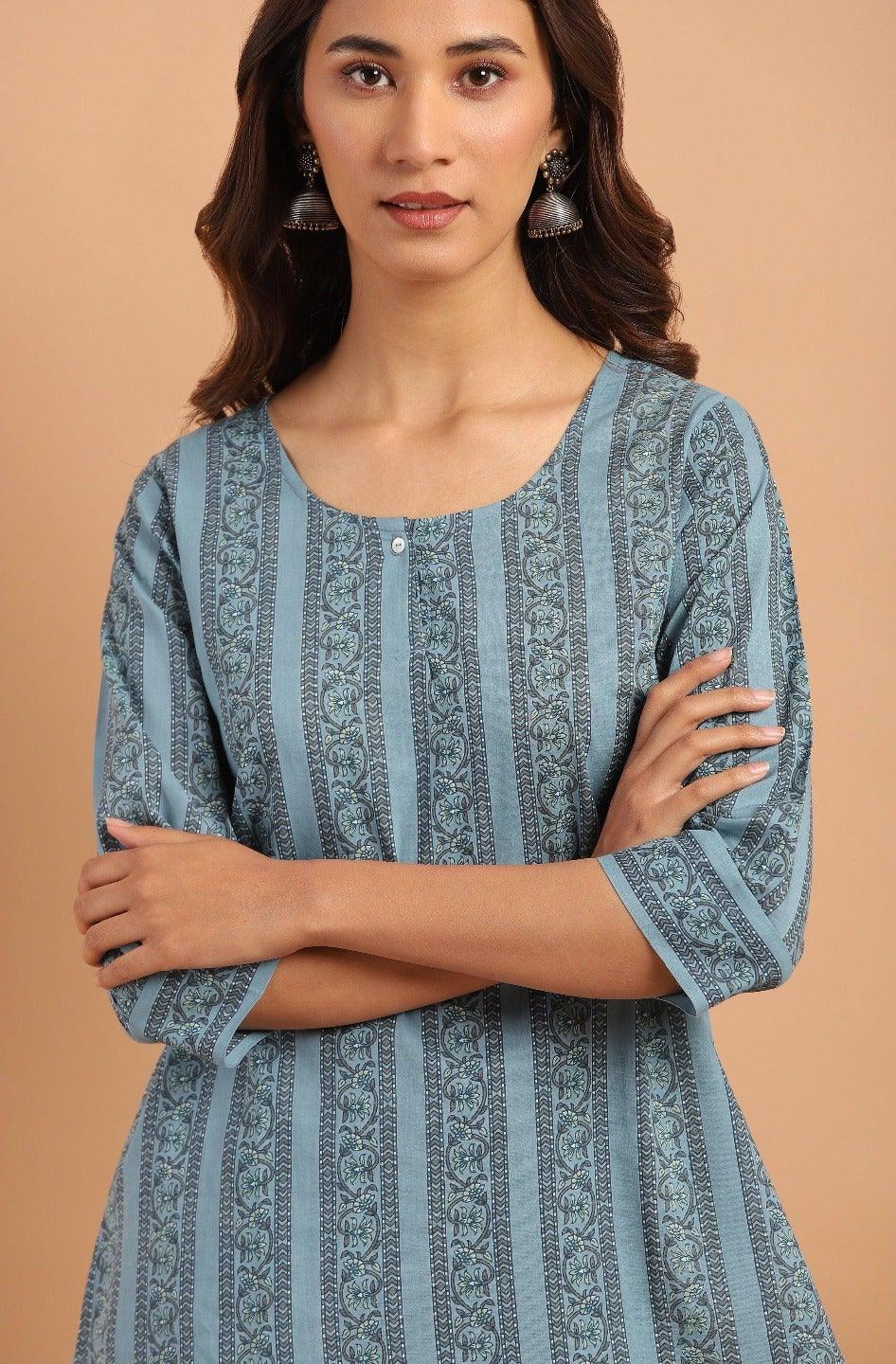 Blue Cotton Floral Print Straight Tunic Silae
