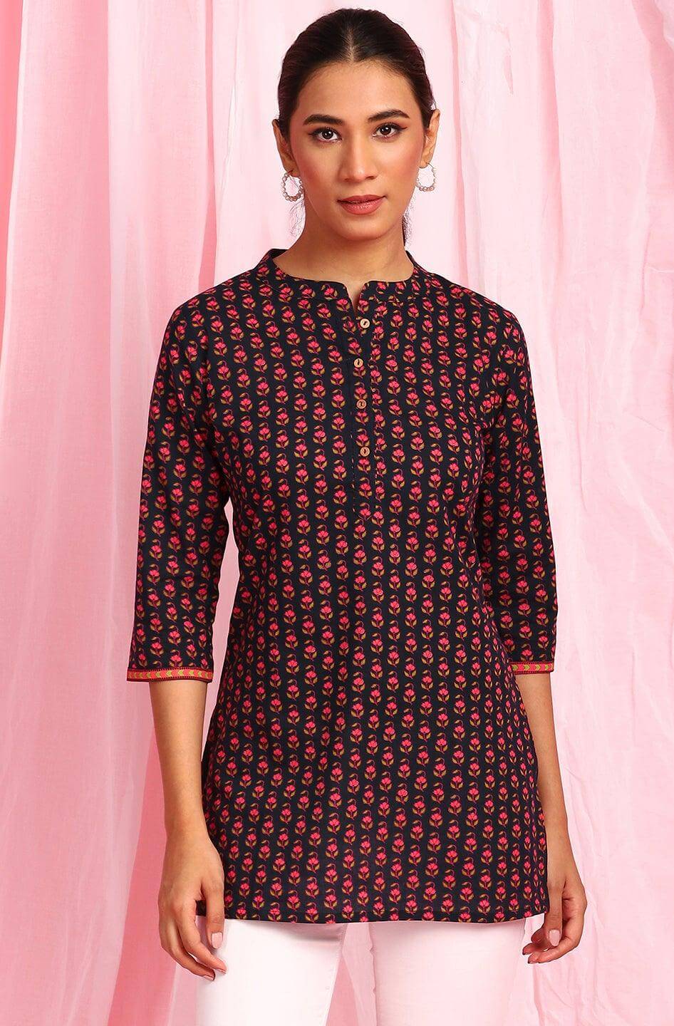 Deep Blue Cotton Floral Print Straight Tunic Silae