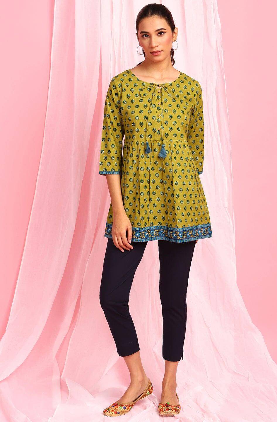 Green Cotton Ethnic Motifs Empire Waist Tunic Silae