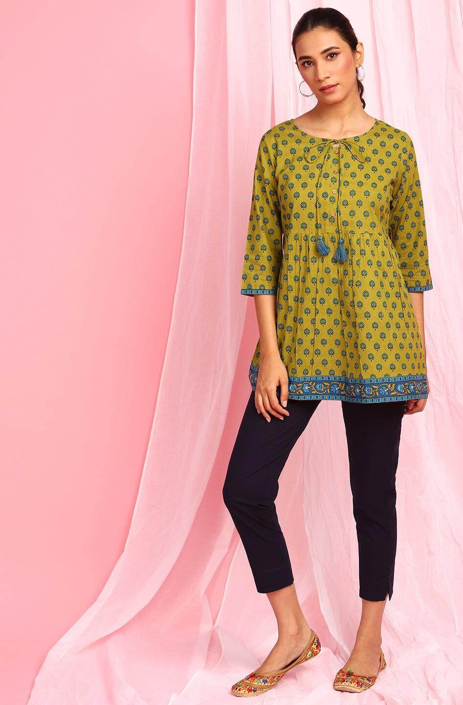 Green Cotton Ethnic Motifs Empire Waist Tunic Silae