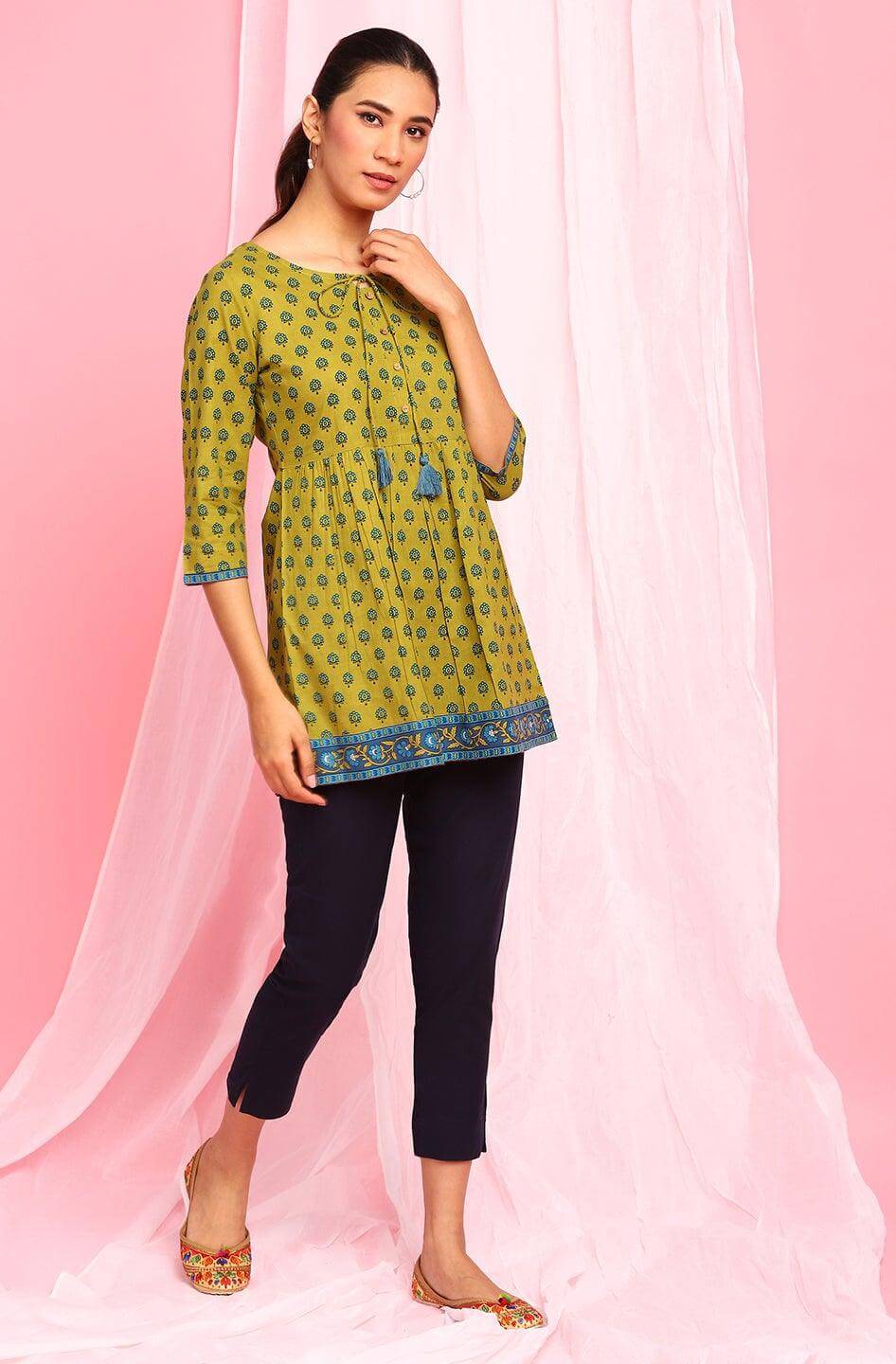 Green Cotton Ethnic Motifs Empire Waist Tunic Silae