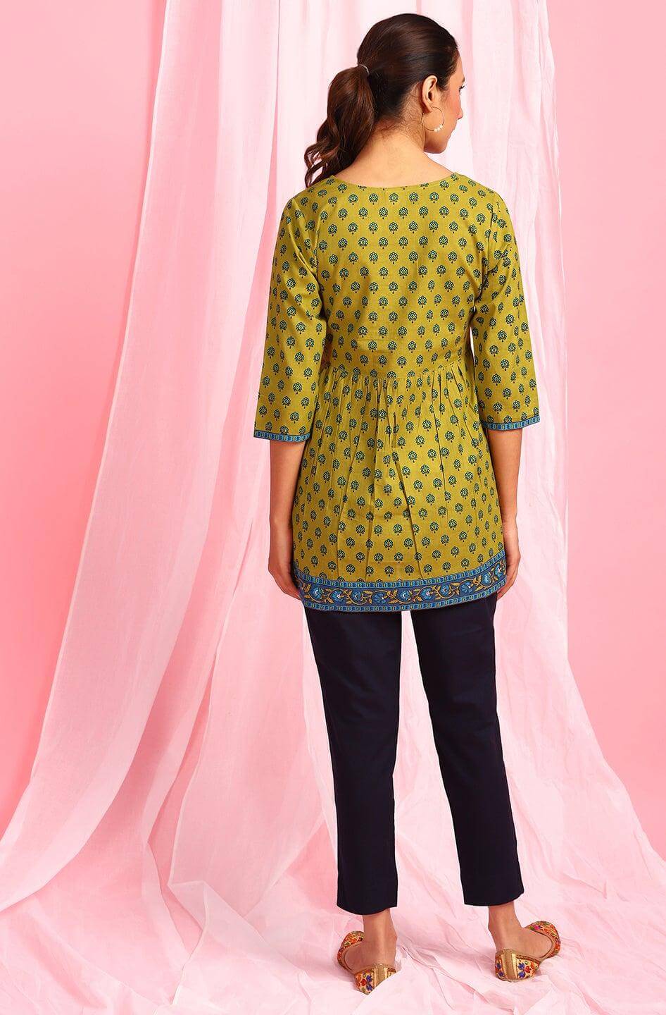 Green Cotton Ethnic Motifs Empire Waist Tunic Silae