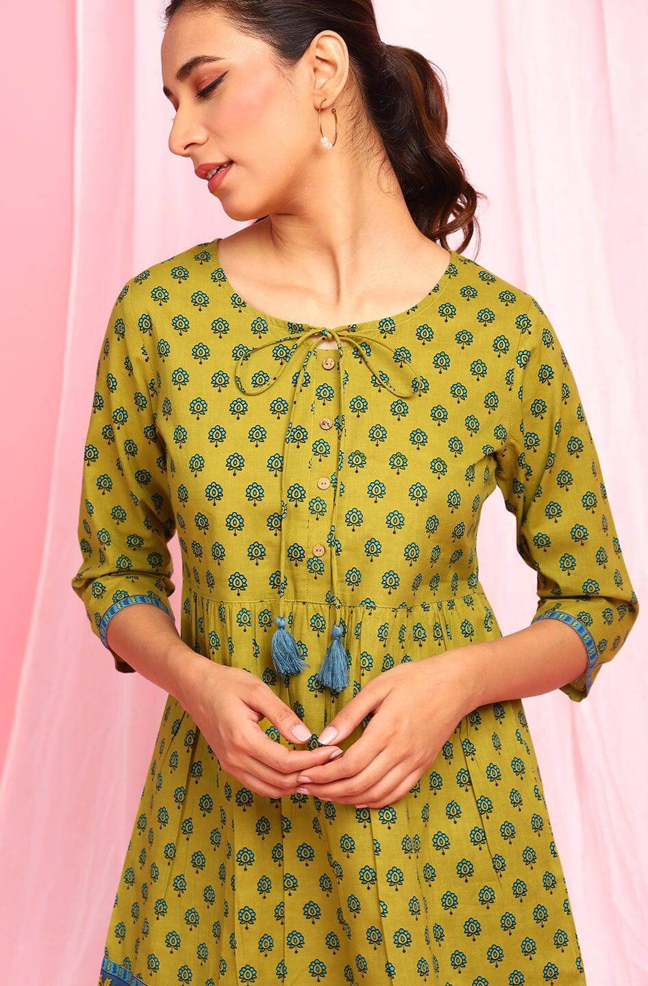 Green Cotton Ethnic Motifs Empire Waist Tunic Silae