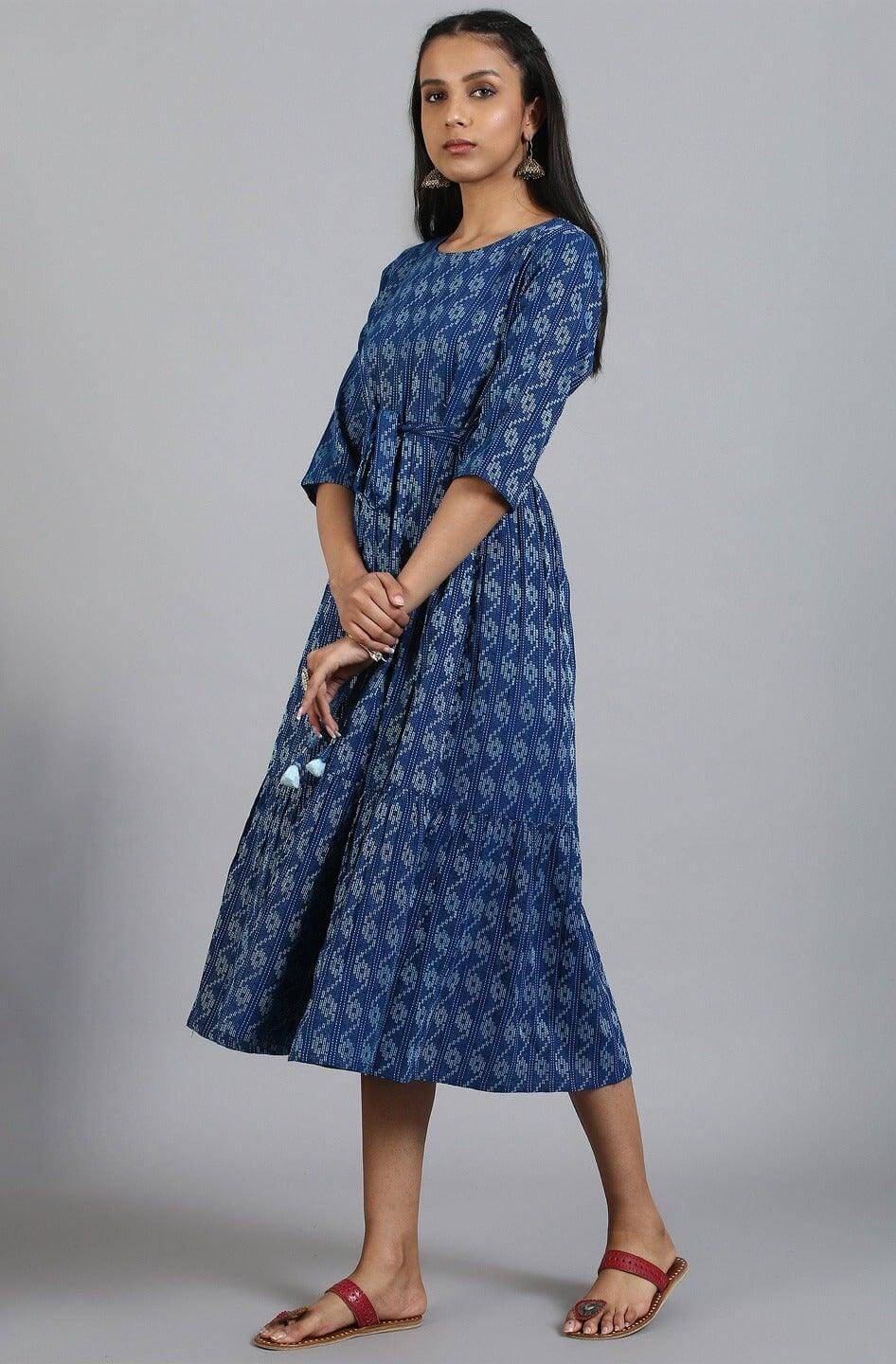Silae Blue Cotton Woven Design Flared Western Dress Silae