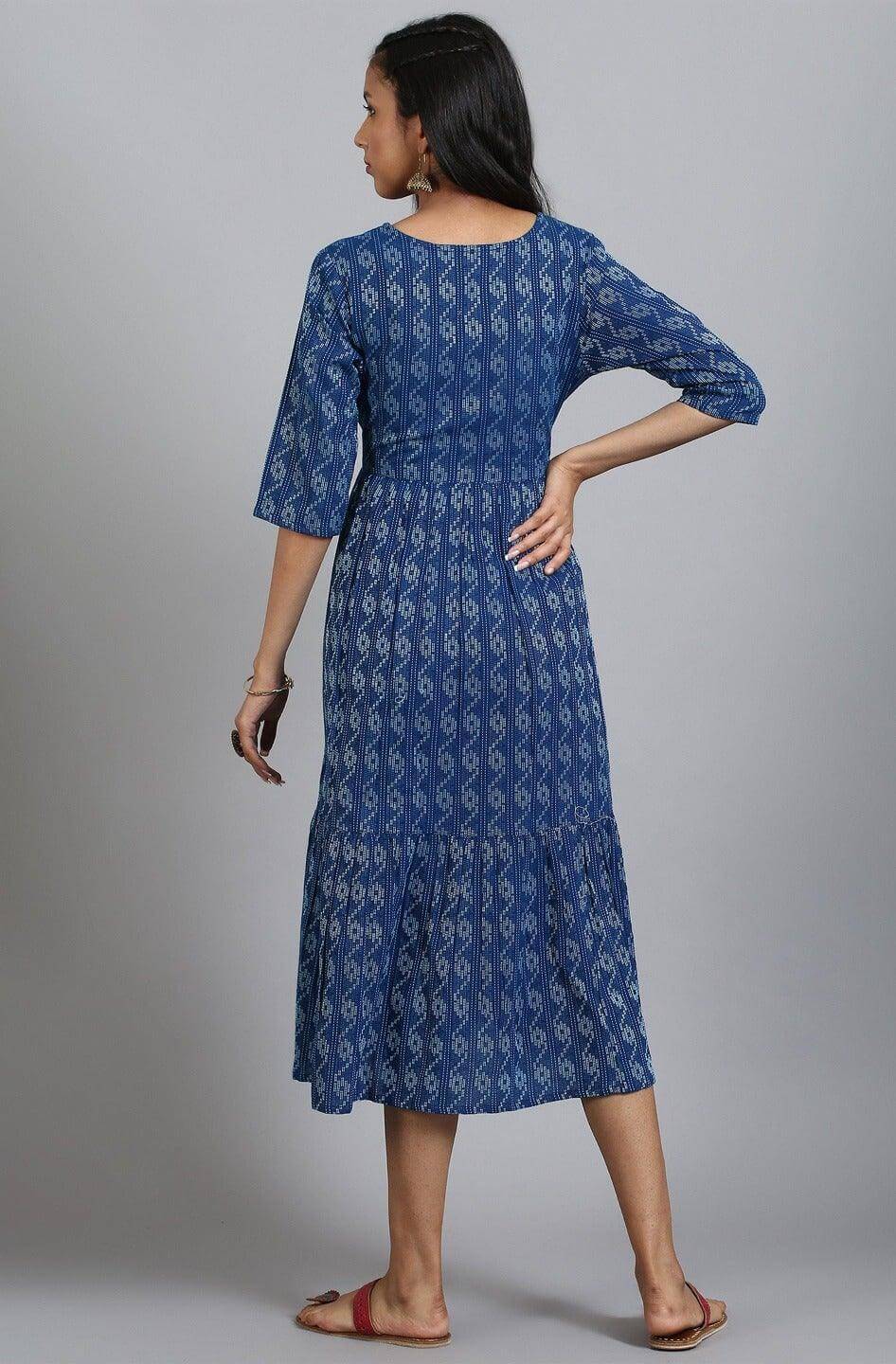 Silae Blue Cotton Woven Design Flared Western Dress Silae