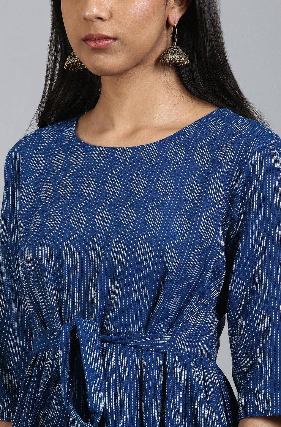 Silae Blue Cotton Woven Design Flared Western Dress Silae
