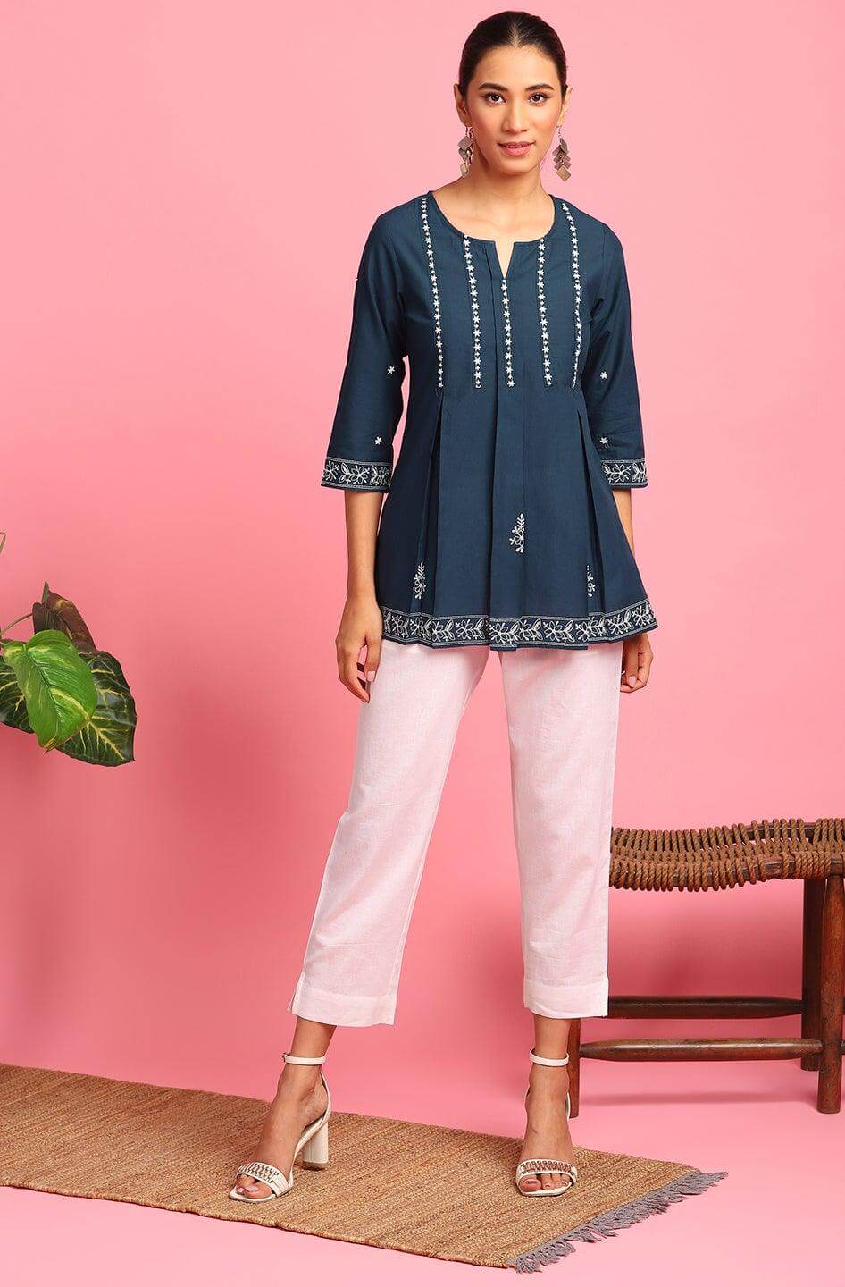 Navy Blue Cotton Embroidered Trapeze Tunic Silae