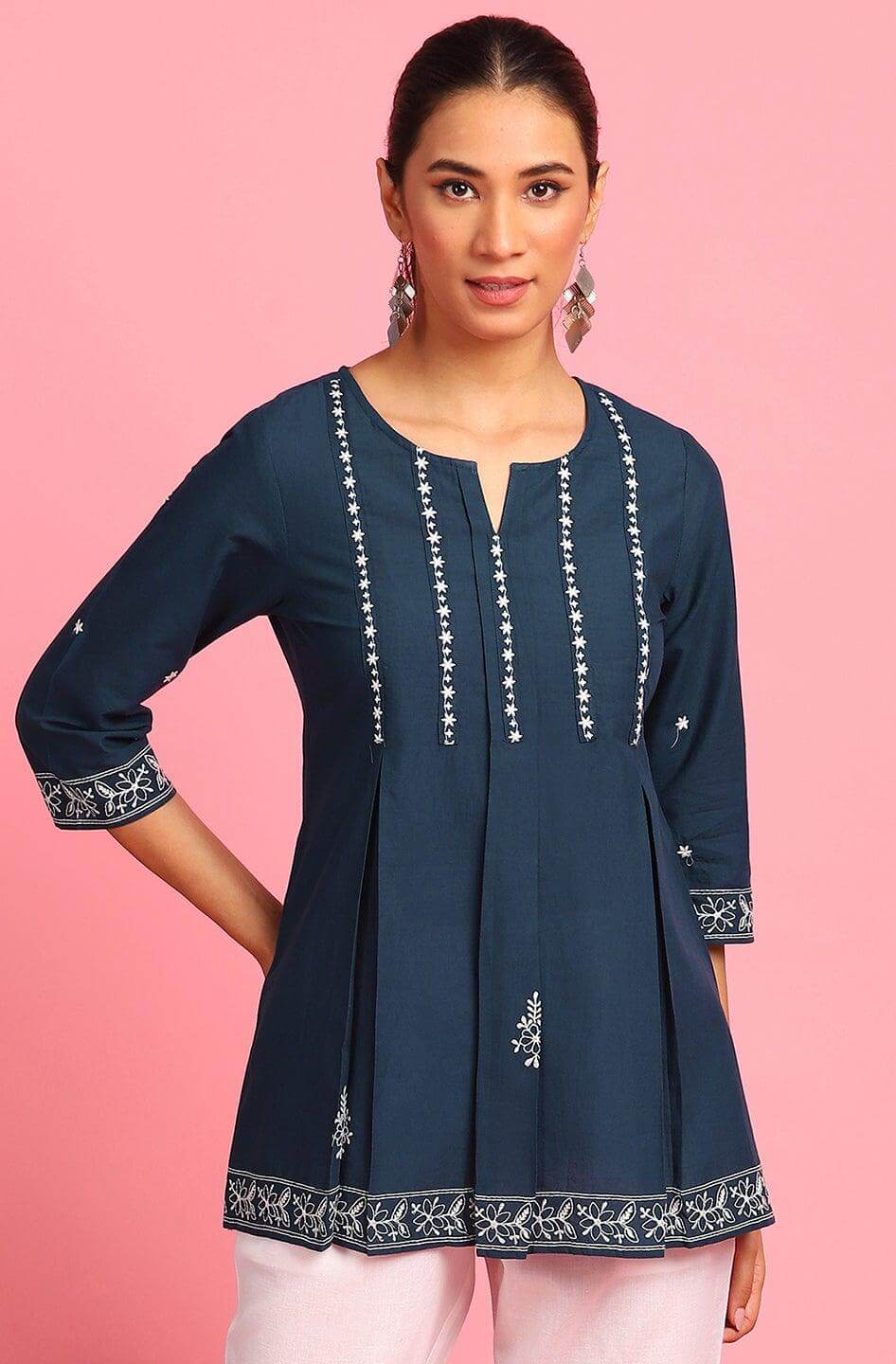 Navy Blue Cotton Embroidered Trapeze Tunic Silae