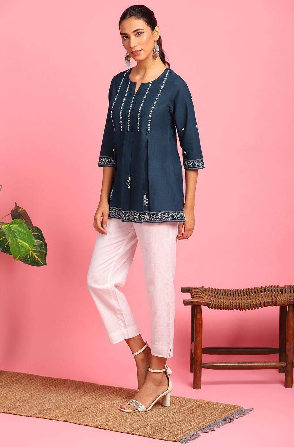 Navy Blue Cotton Embroidered Trapeze Tunic Silae