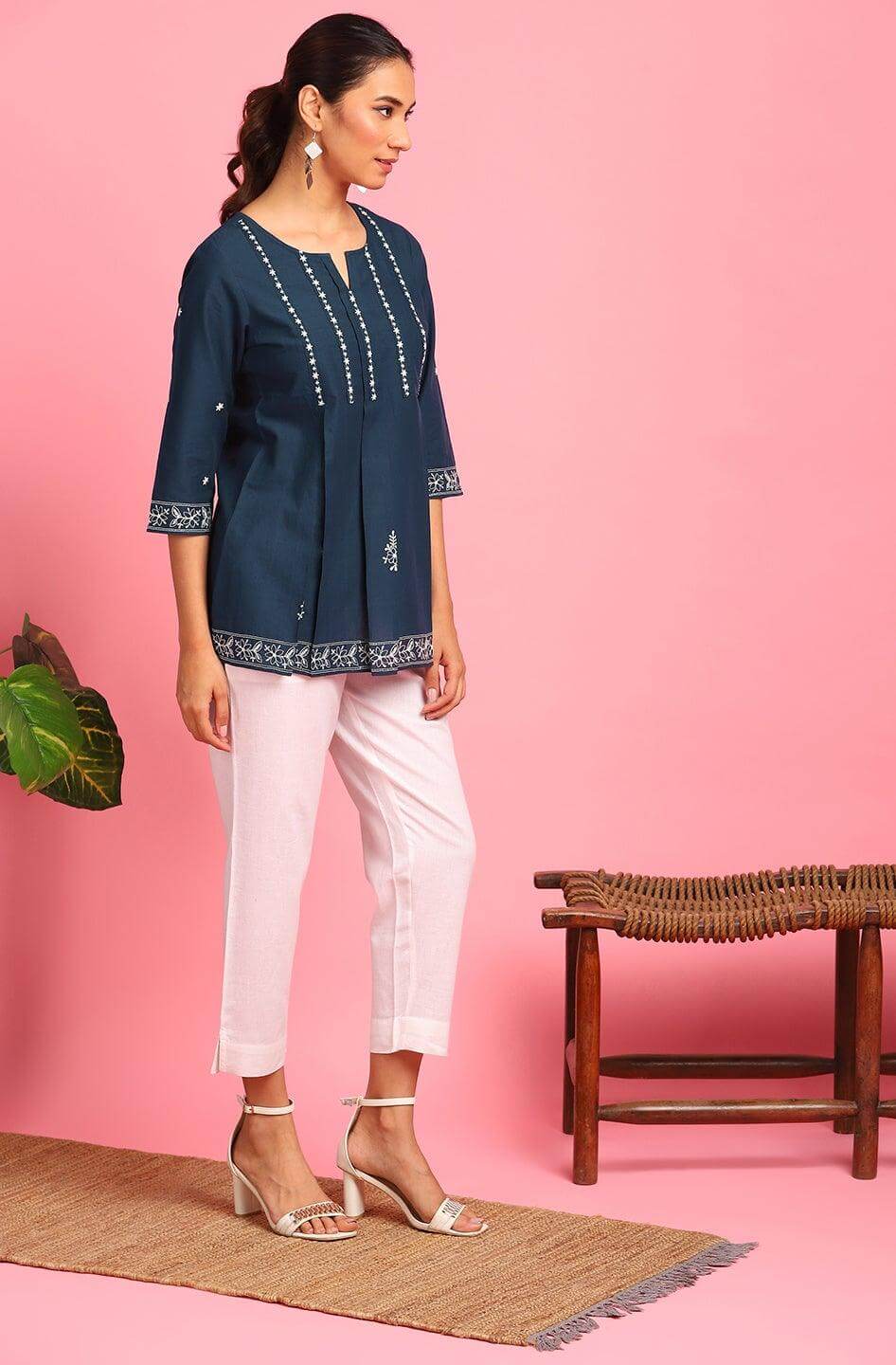 Navy Blue Cotton Embroidered Trapeze Tunic Silae