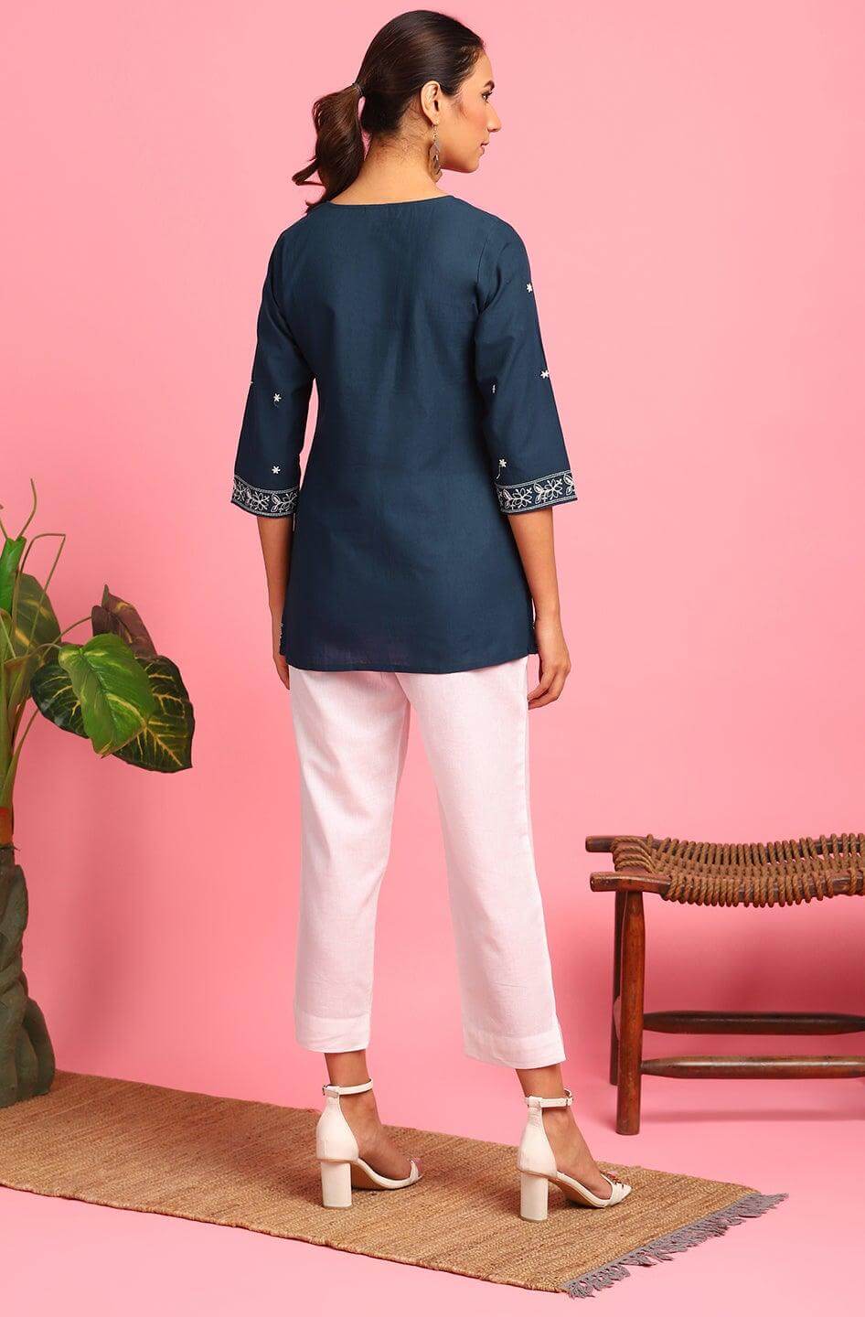 Navy Blue Cotton Embroidered Trapeze Tunic Silae