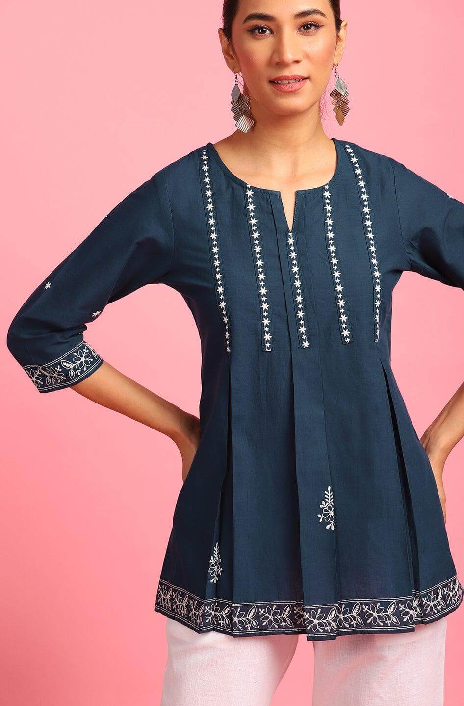 Navy Blue Cotton Embroidered Trapeze Tunic Silae