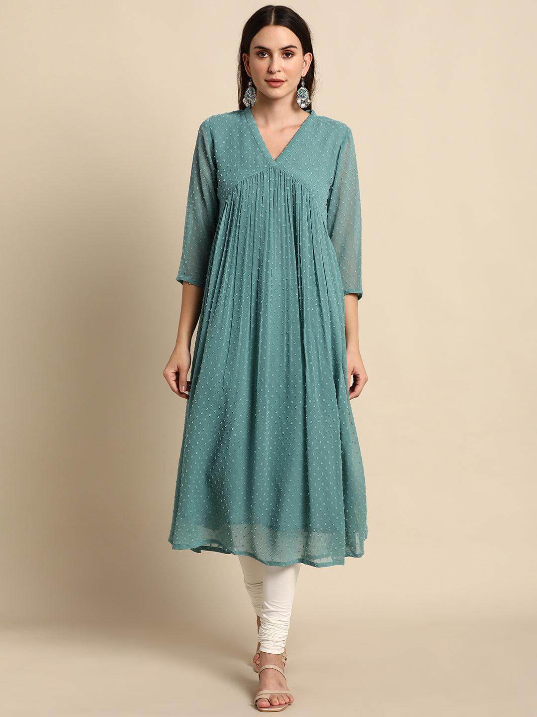 Silae Green Poly Chiffon Self Design Flared Kurta Silae