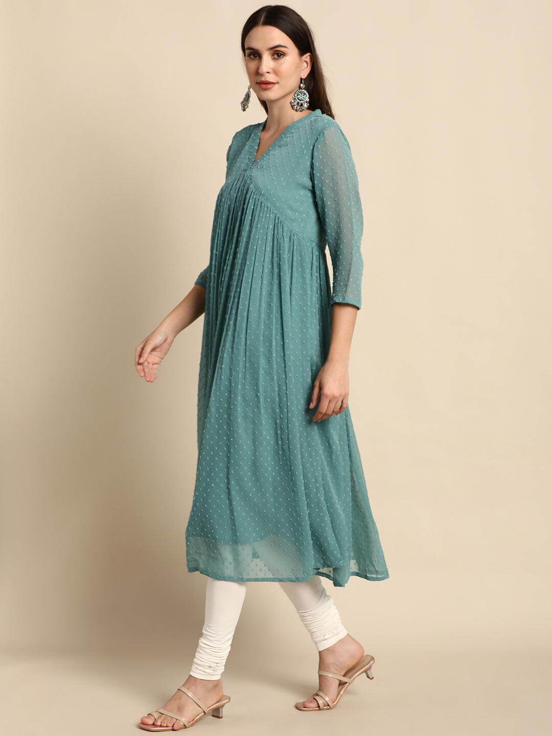 Silae Green Poly Chiffon Self Design Flared Kurta Silae