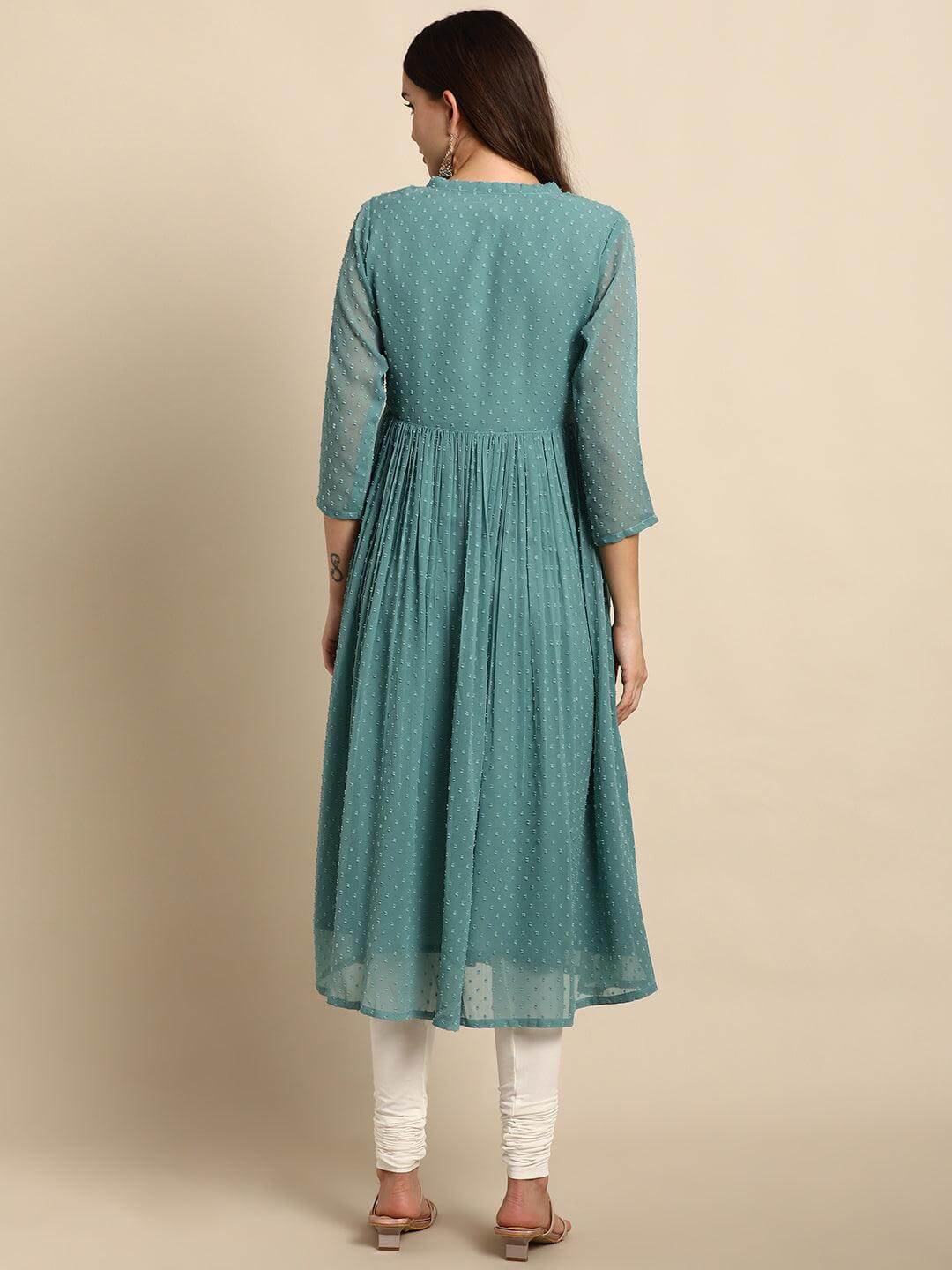 Silae Green Poly Chiffon Self Design Flared Kurta Silae