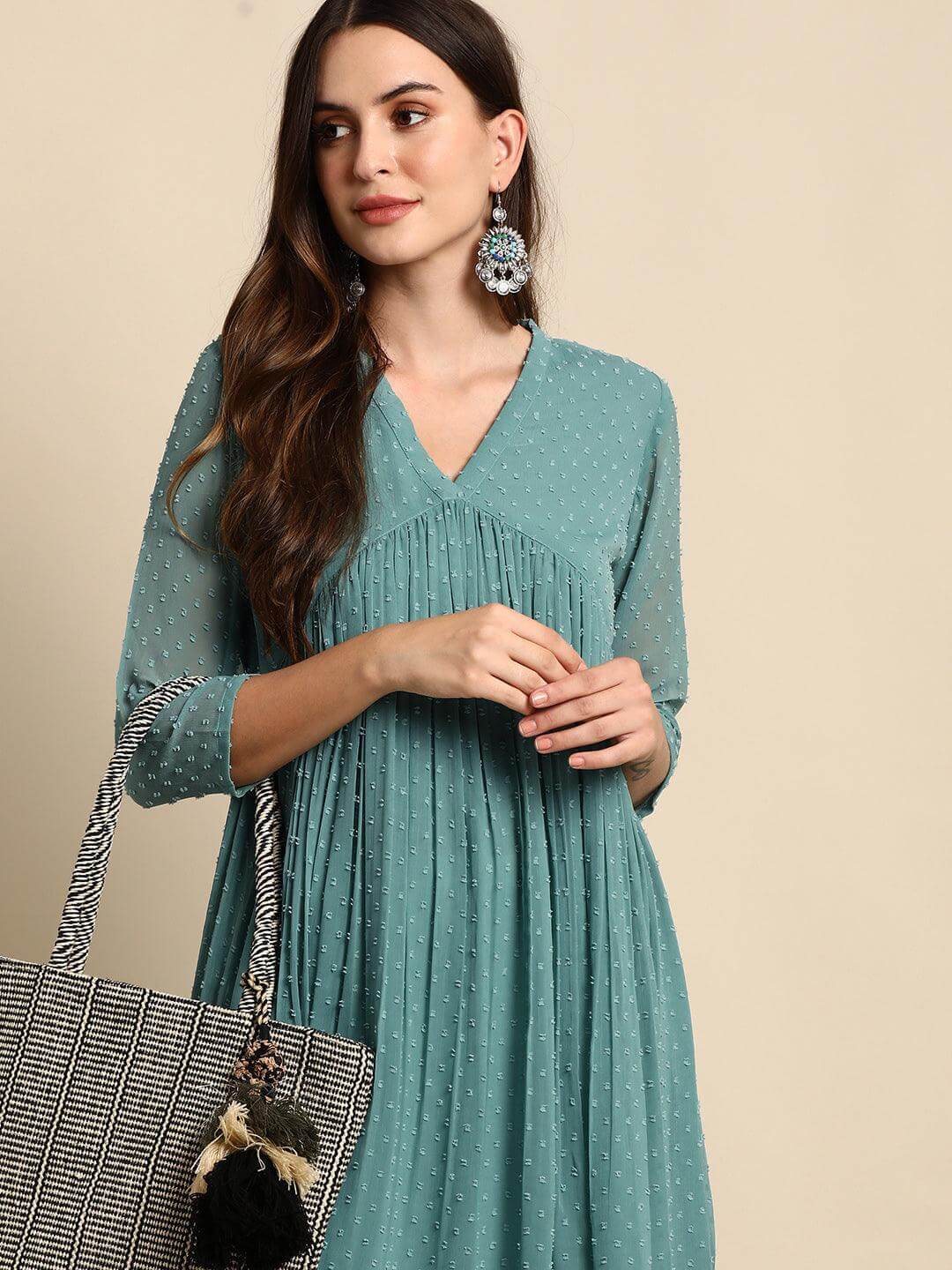 Silae Green Poly Chiffon Self Design Flared Kurta Silae