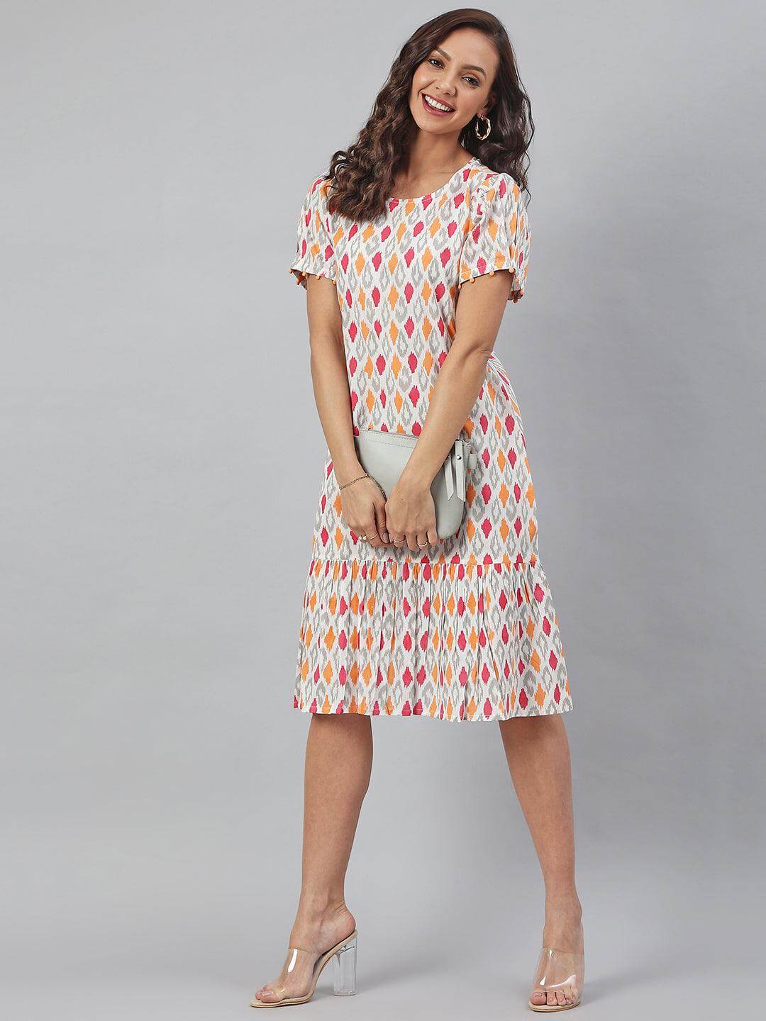 Silae Off White Cotton Printed A-Line Western Dress Silae