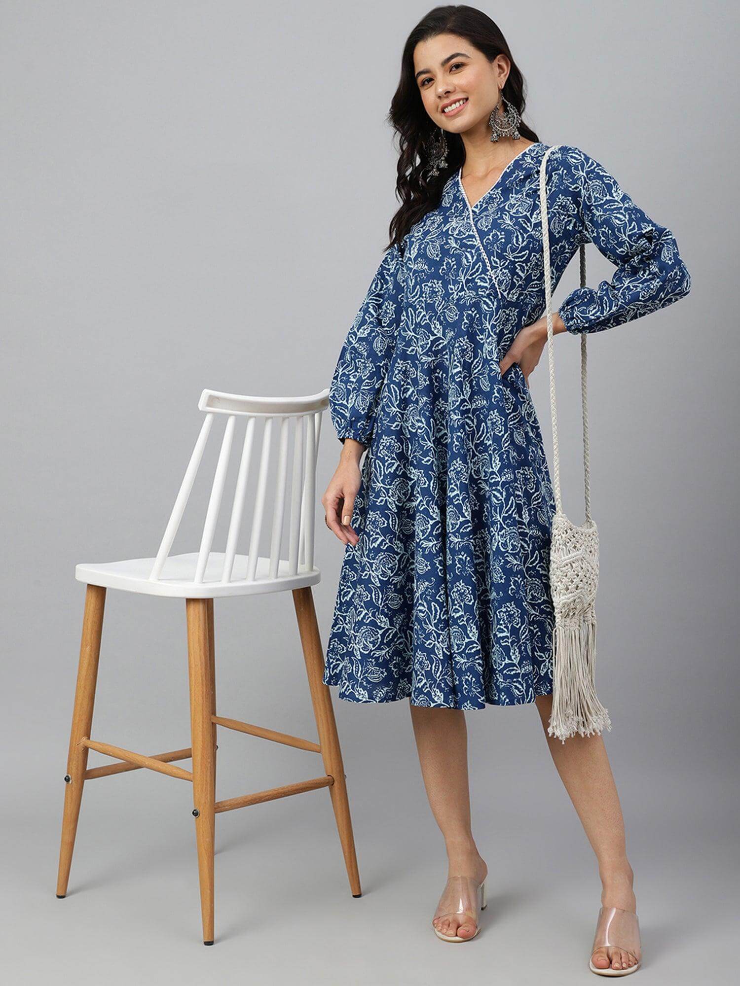 Navy Blue Cotton Floral Print Angrakha Western Dress Silae