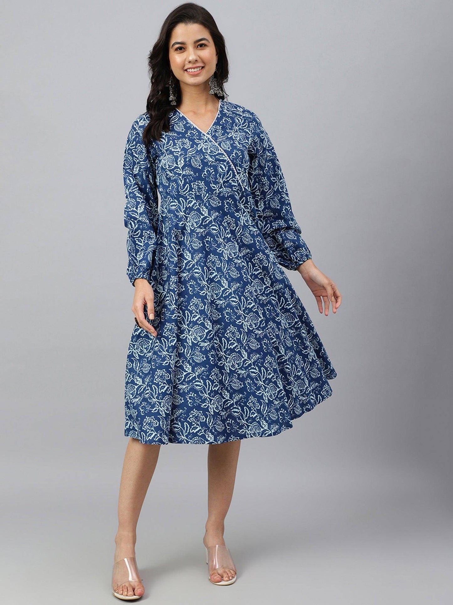 Navy Blue Cotton Floral Print Angrakha Western Dress Silae