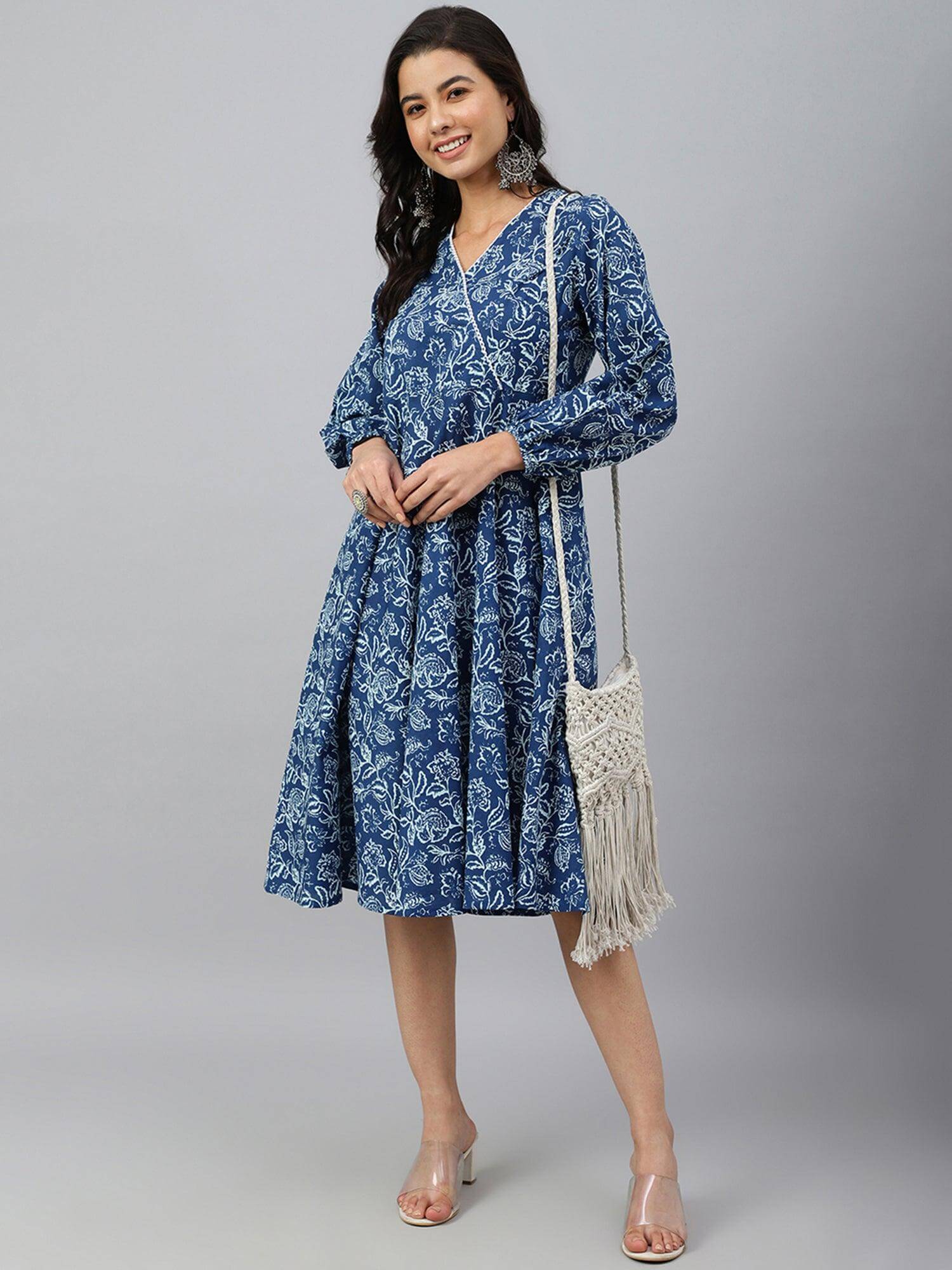 Navy Blue Cotton Floral Print Angrakha Western Dress Silae
